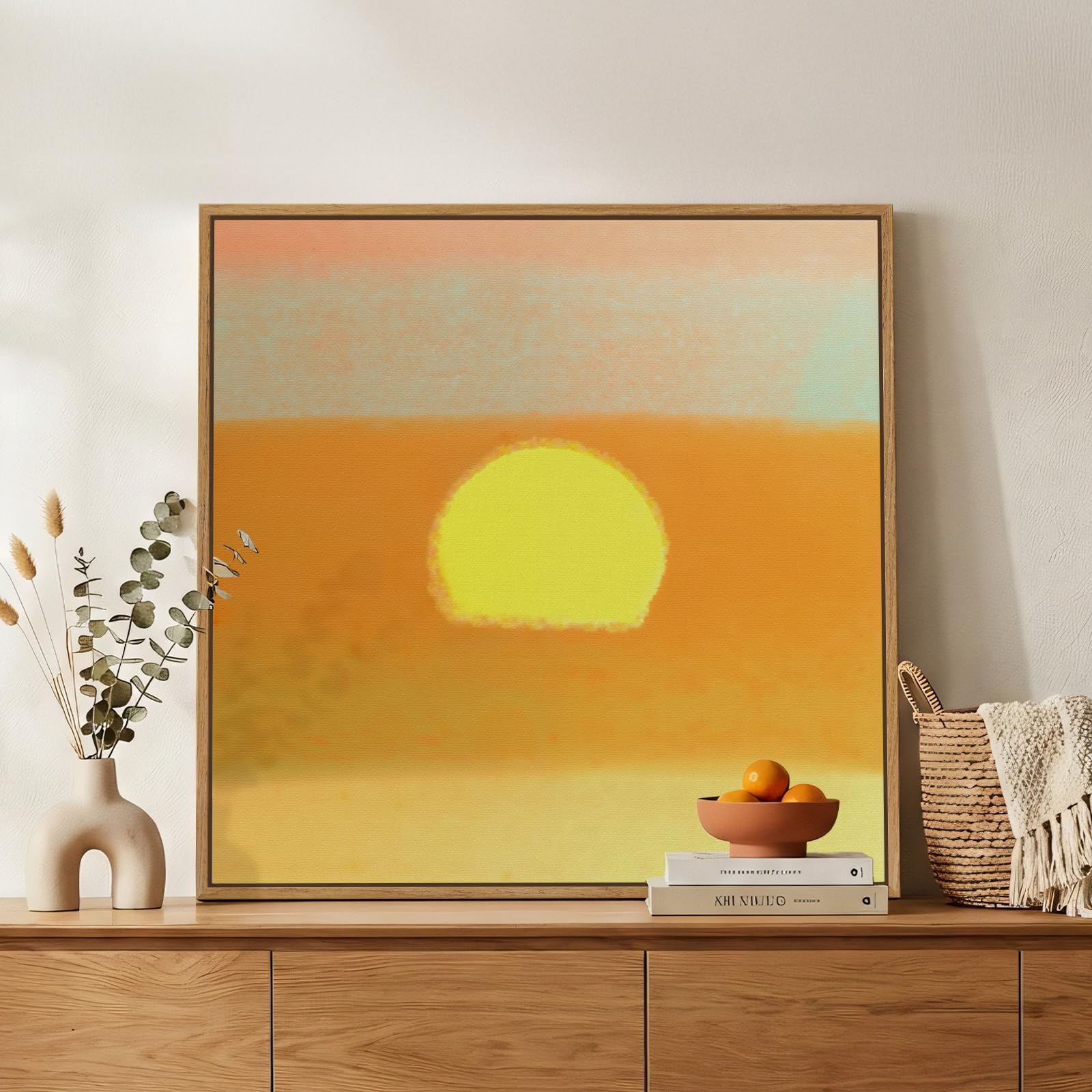 Framed Neutral Abstract Landscape Wall Art for Living Room, Square Mid Century Modern Canvas Paintings Prints Artwork for Walls, Minimalist Scenic Pictures Wall Decor for Bedroom Home Office, 24x24 In