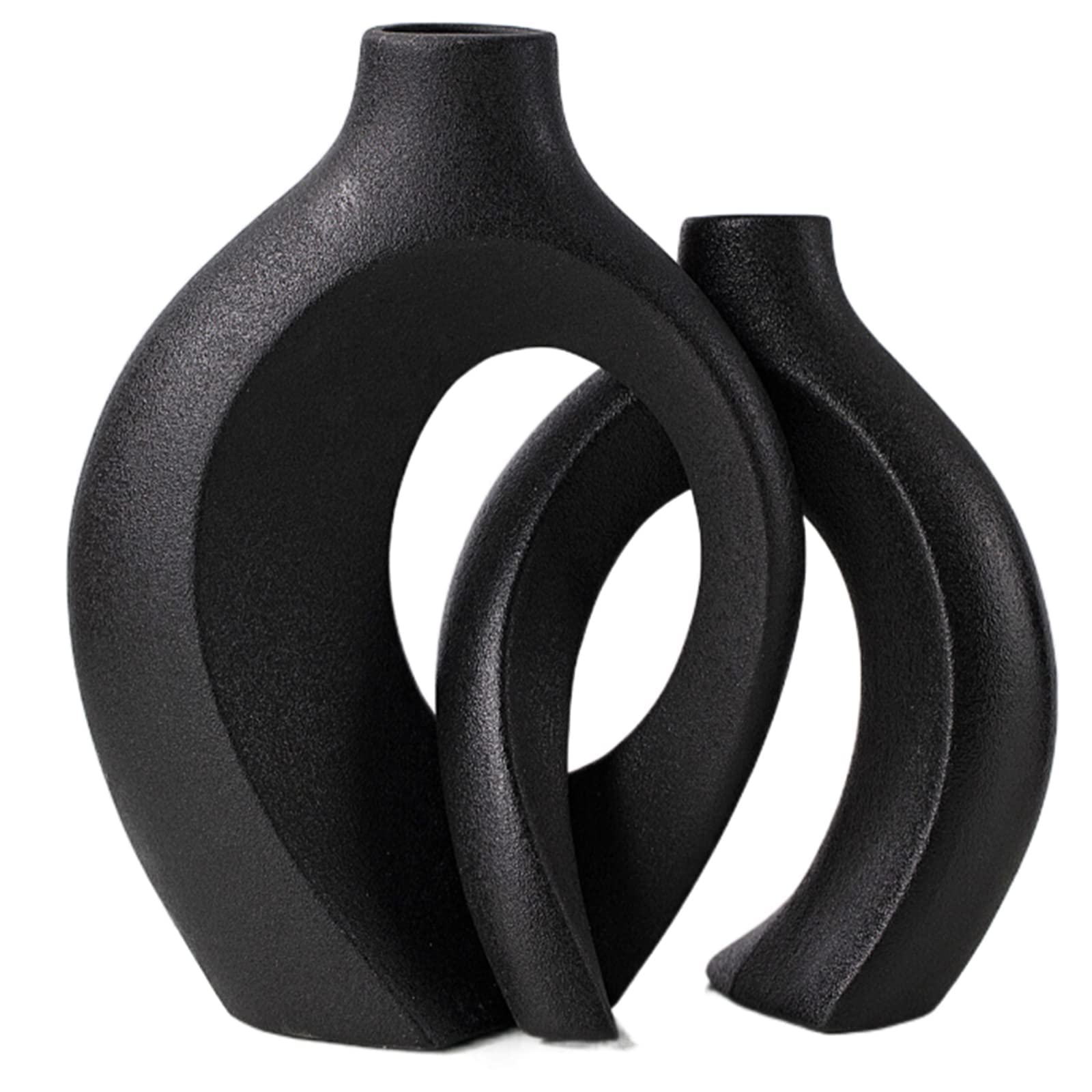 Levvohd XL Black Ceramic Vase Set of 2 for Modern Home Decor, Neutral Boho Round Donut Pampas Grass Vases, Nordic Aesthetic Vase, for Living Room Coffee Table Fire Place Book Style Shelf (H 11.1")