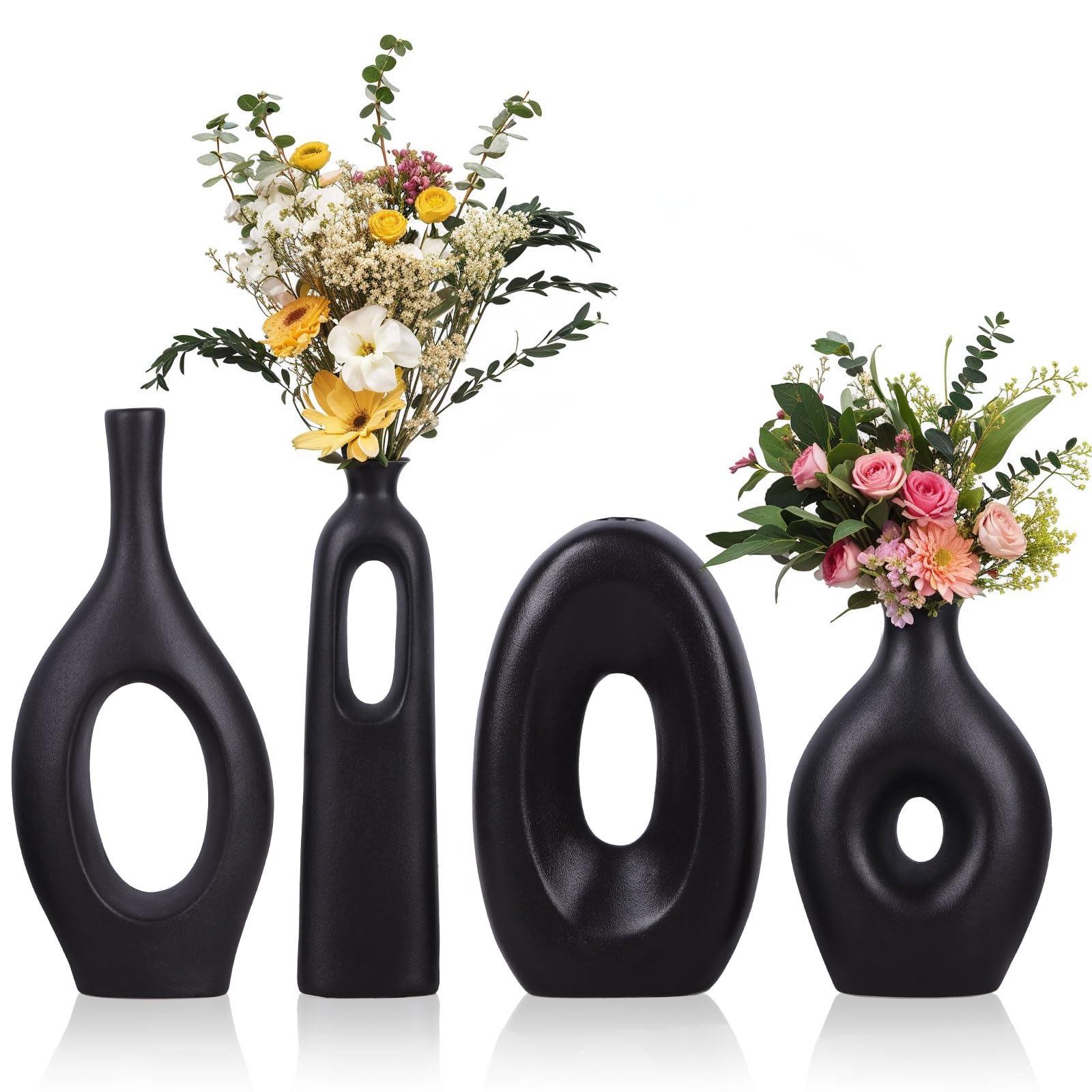 Blue Ceramic Vase Set of 4 - Round Hollow Boho Vases for Pampas Grass and Flowers Decor, Modern Minimalist Small Vases for Living Room, Bedroom, Fireplace, Coffee Table Decor and Centerpieces
