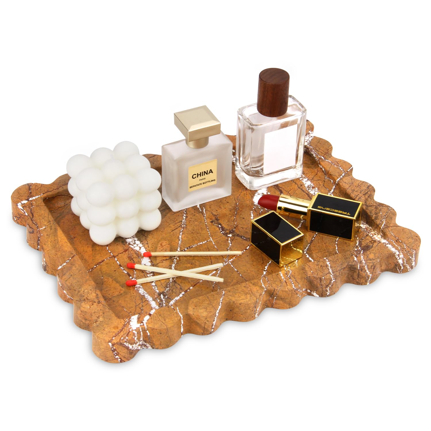 Square Marble Decorative Tray with Scalloped Edge,Luxury Natural Stone Bathroom Vanity Tray, Dresser Top Perfume Coffee Home Kitchen Sink Tray, Key Trinket Ring (Rosso Lepanto, 8 * 8)