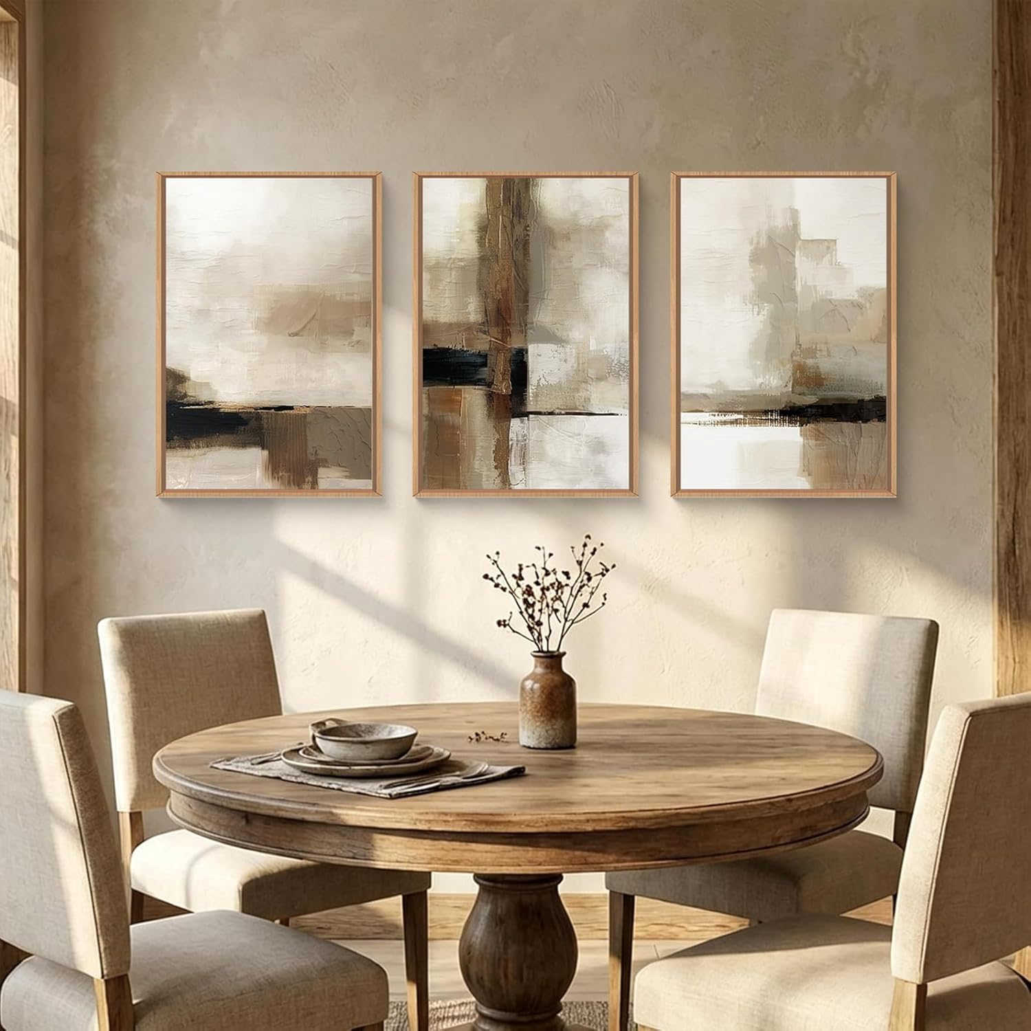 HOURIA Abstract Neutral Vintage Earth Tone Framed Canvas Wall Art Set,Modern Minimalist Rustic Brown Beige Wall Decor,Wabi Sabi Textured Brushstroke Artwork for Living Room,Bedroom,Farmhouse-24"x36"x3