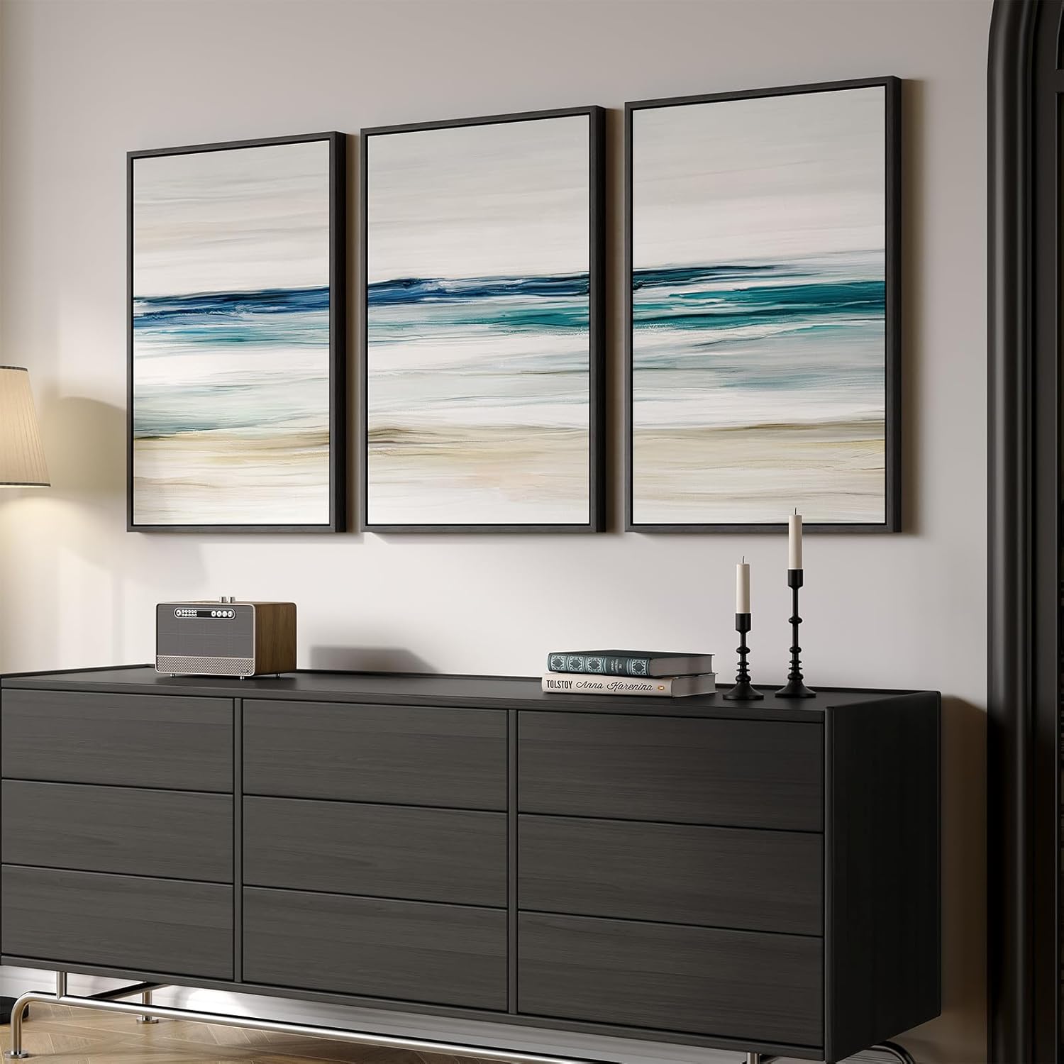 Framed Abstract Coastal Wall Art for Living Room, Large Blue Coastal Landscape Decor, 3 Piece Minimalist Beach Ocean Painting Artwork for Walls, Canvas Prints for Bedroom Hallway Wall Decor, 24x36 In