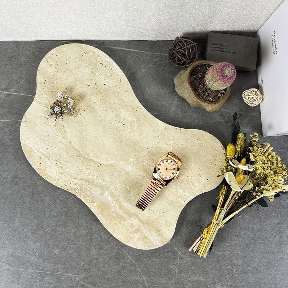 13.3×8.3 Inch Cloud Shaped Natural Travertine Catchall Tray, Beige Stone Decor Tray for Bathroom Counter, Dresser & Coffee Table Jewelry Perfume Storage