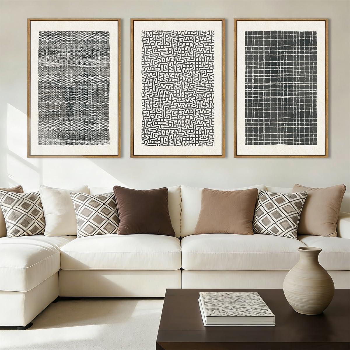 Large Abstract Paintings Framed Neutral Canvas Prints Mid Century Modern Wall Art Abstract Wall Decor Neutral Wall Pictures Elegant Modern Paintings for Living Room Bedroom Bathroom Office 36x24 Inch 3 Piece