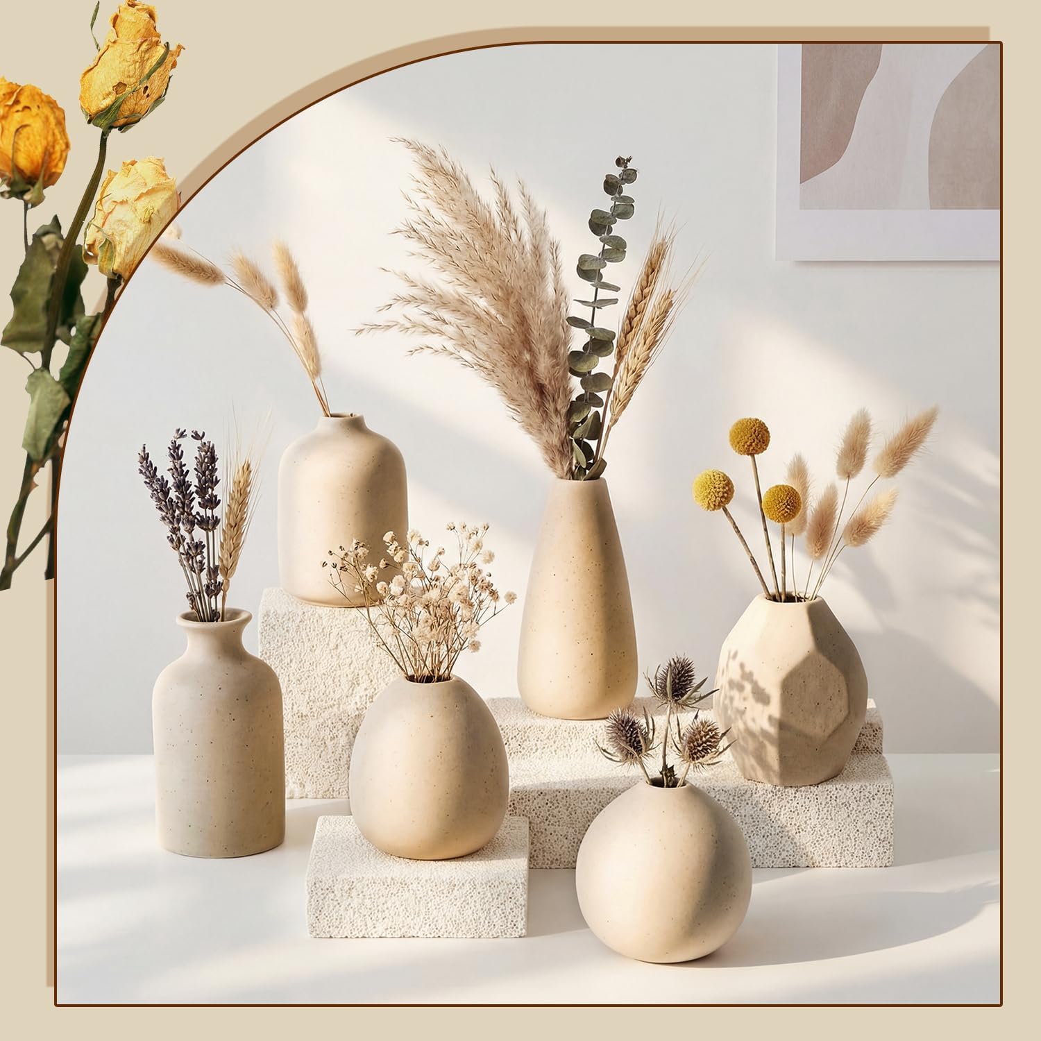 6 Pcs Mini Beige Ceramic Vase Set, Modern Boho Bud Vases for Dried Flowers Plants, Small Decorative Pottery Vases for Home Decor, Wedding, Bookshelf, Coffee Table Centerpiece