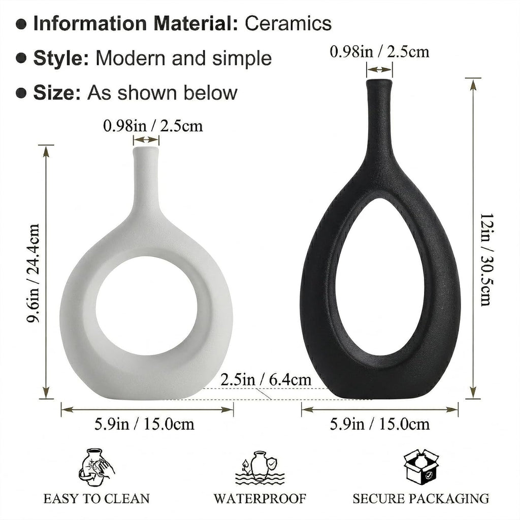 Black and White Ceramic Hollow Elliptical Vase Set of 2 - Boho Circle Vase with Hole, for Modern Black and White Table Decor, Living Room Decor Shelf mid Century Modern Home Entrance Decorative vase