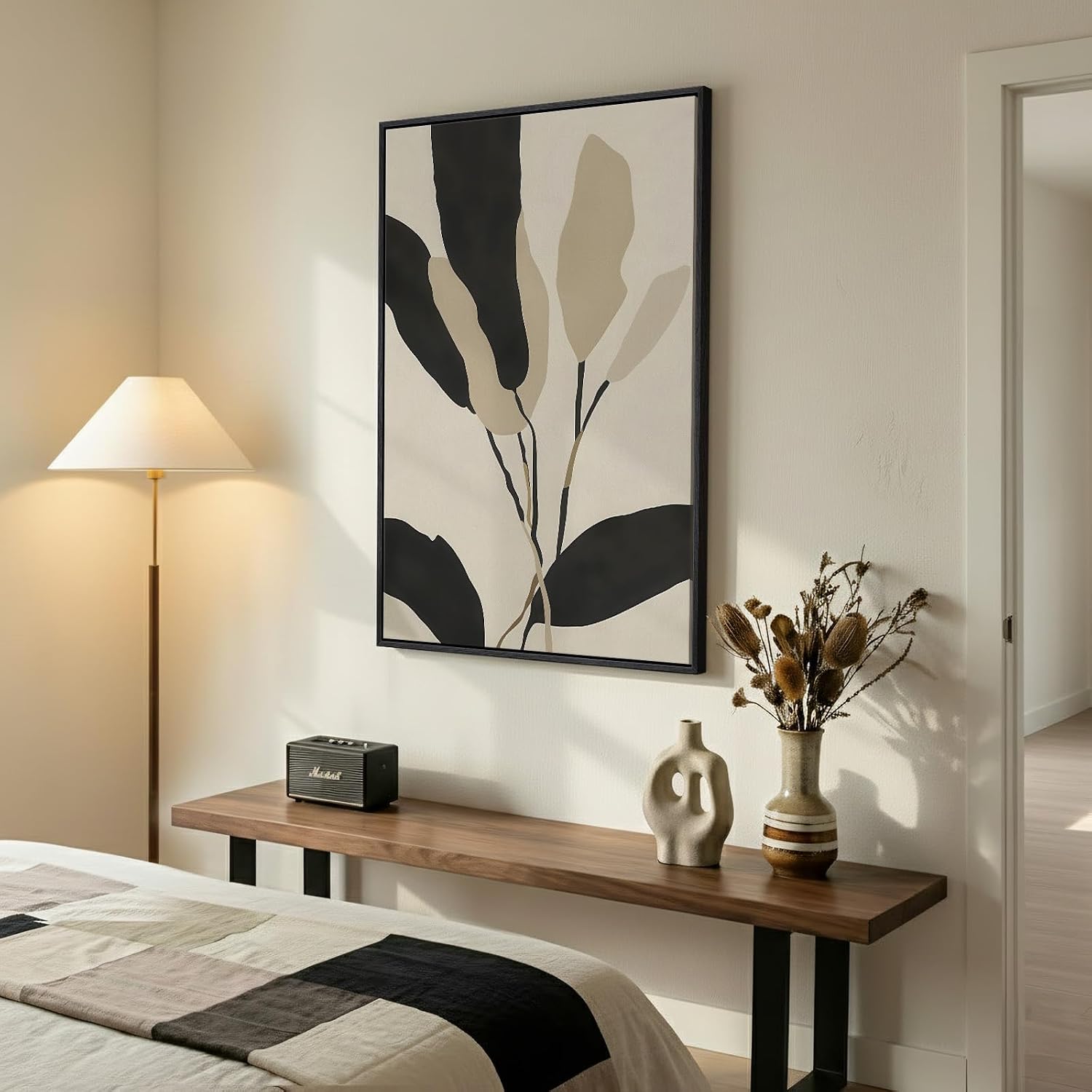 Framed Boho Abstract Wall Art for Living Room, Neutral Black Beige Wabi Sabi Botanical Leaf Prints Canvas Artwork for Walls, Minimalist Mid Century Modern Wall Decor for Bedroom Home Office, 24x36 In