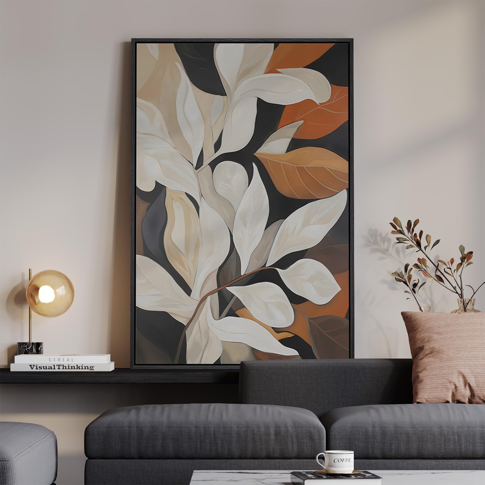 Framed Boho Abstract Wall Art for Living Room, Neutral Black Beige Wabi Sabi Botanical Leaf Prints Canvas Artwork for Walls, Minimalist Mid Century Modern Wall Decor for Bedroom Home Office, 24x36 In