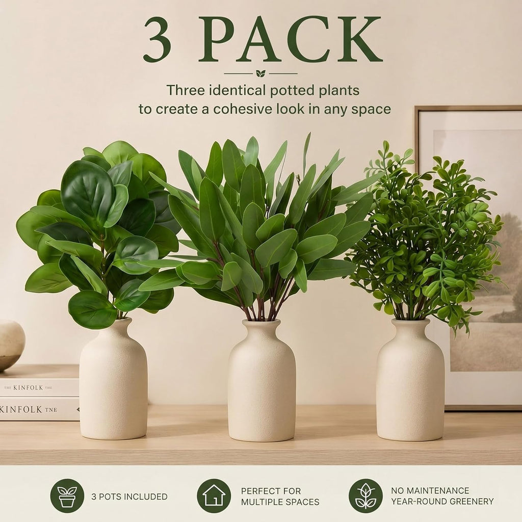 3 Set Ceramic Vase with Greenery 16" Artificial Eucalyptus in Vase Small Fake Potted Plants Decor for Indoor Farmhouse Centerpieces Office Desk Decor Plants in Pots for Bathroom Bedroom Home Shelf