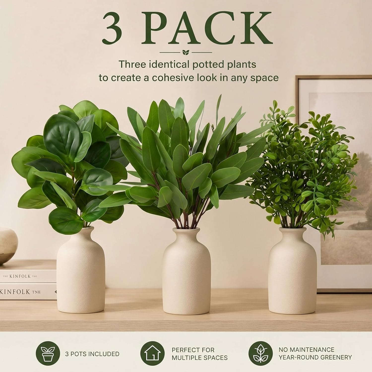 3 Set Ceramic Vase with Greenery 16" Artificial Eucalyptus in Vase Small Fake Potted Plants Decor for Indoor Farmhouse Centerpieces Office Desk Decor Plants in Pots for Bathroom Bedroom Home Shelf