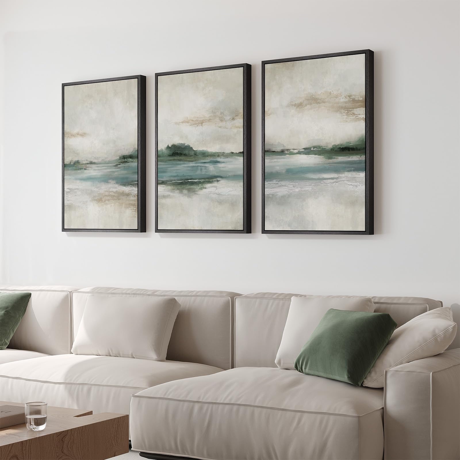 Large Framed Blue and Neutral Abstract Wall Art for Living Room, 3 Piece Modern Canvas Prints Paintings Artwork for Walls, Minimalist Pictures for Bedroom Dining Room Hallway Wall Decor 24x36 Inch