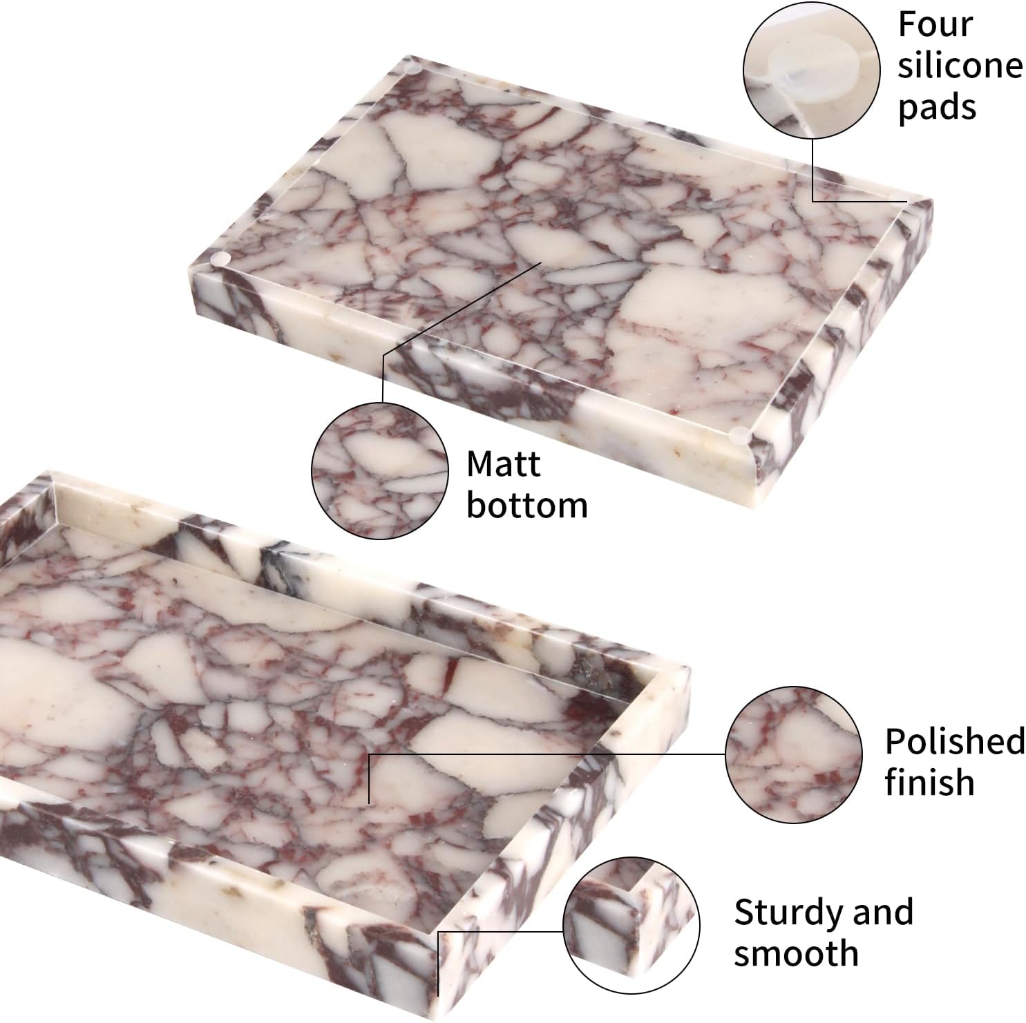 Marble Bathroom Vanity Tray, Natural Luxury Vanity Home Kitchen Bathroom Table Tray, Stone Decorative Countertop Dresser Trays for Key Coffee Perfume Jewelry Makeup (Calacatta Viola, 12"x 8" x1.2")