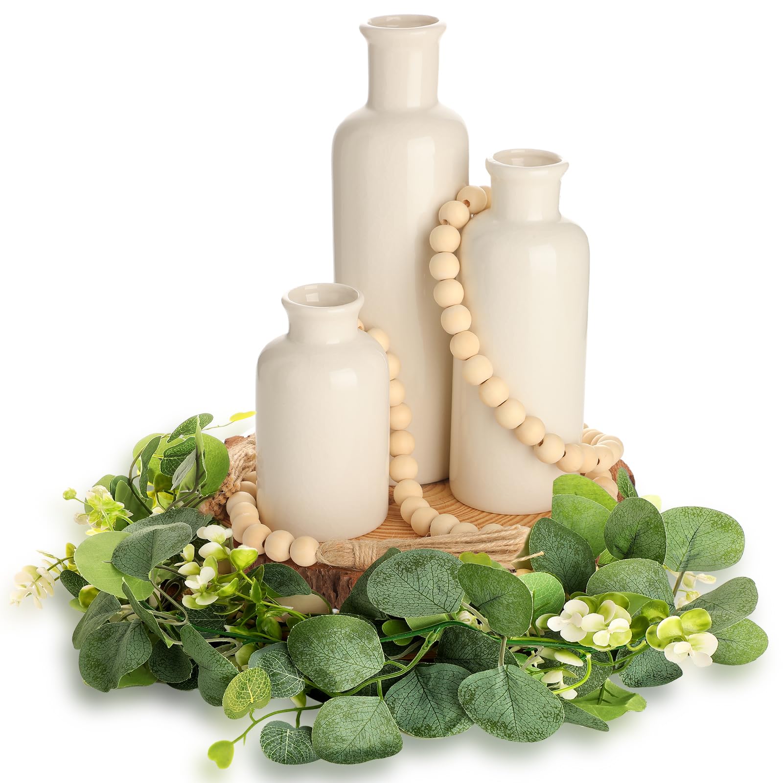 Geelin 6 Pcs Rustic Table Centerpieces, Set of 3 Boho Ceramic Vases, Wooden Serving Tray, Modern Farmhouse Wood Beads Garland Tassel, Artificial Greenery for Home Coffee Tabletop Decor(Morandi)