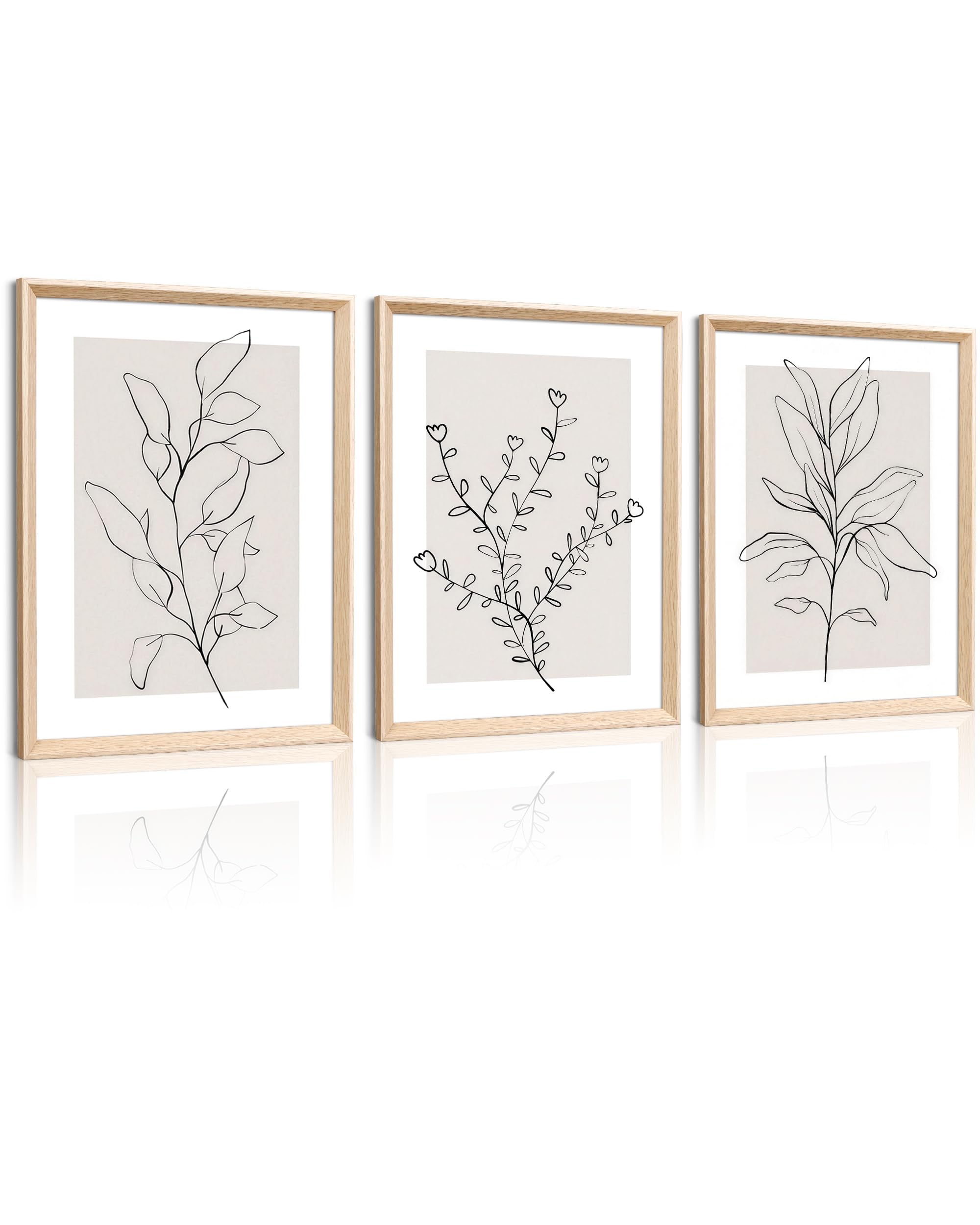 HesenDot Abstract Botanical Wall Art Set of 3, 30x40CM Neutral Plant Framed Canvas Prints, Beige Green Boho Aesthetic Wall Decor for Living Room Bedroom Bathroom Office Home