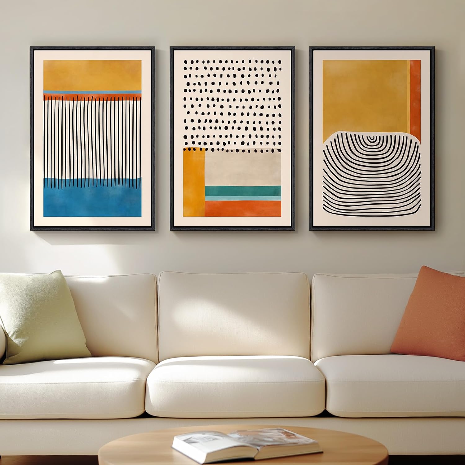 Framed Colorful Abstract Wall Art for Living Room, 3 Piece Mid Century Modern Canvas Paintings Prints Artwork for Walls, Large Modern Triptych Pictures Wall Decor for Bedroom Home Office, 16x24 Inch