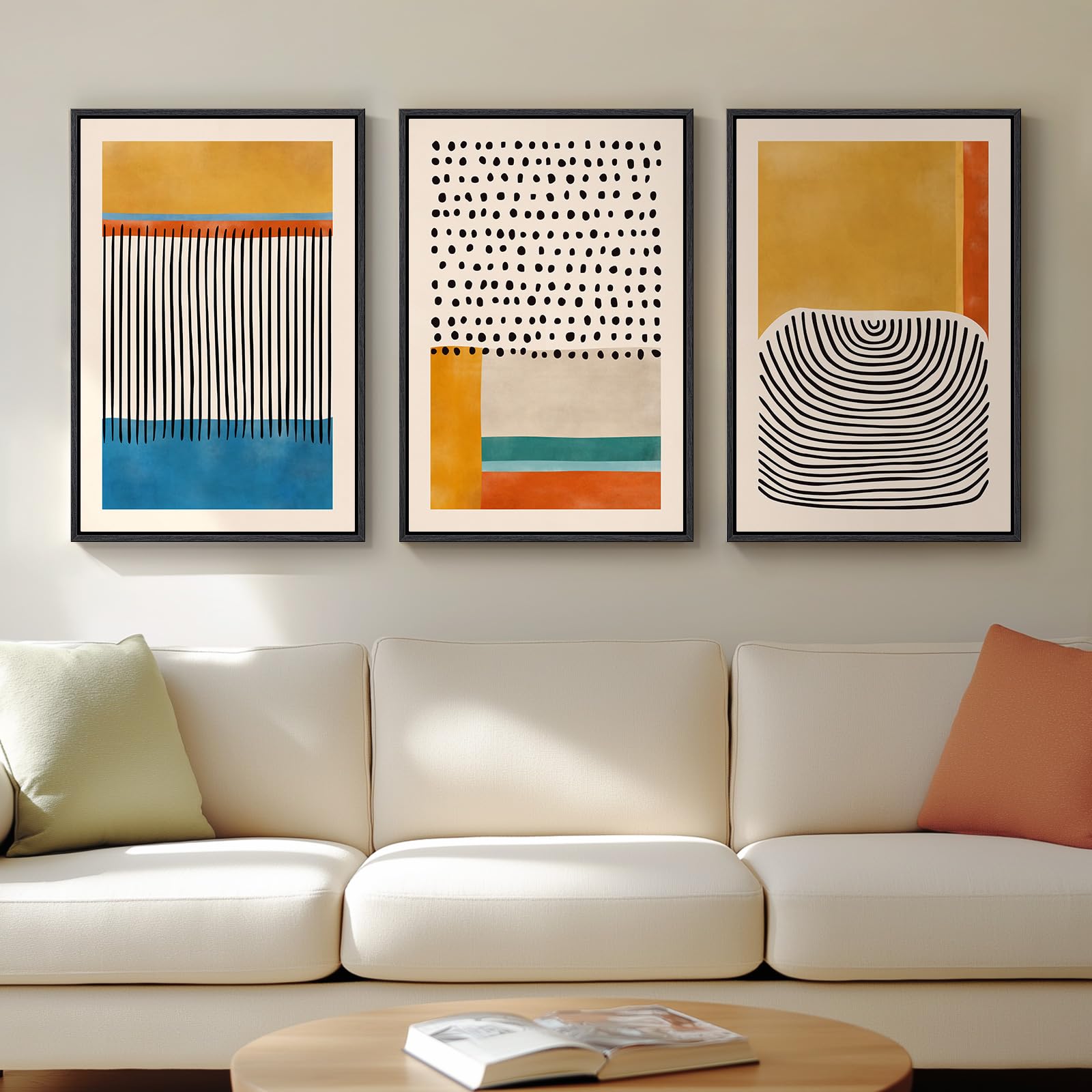 Framed Colorful Abstract Wall Art for Living Room, 3 Piece Mid Century Modern Canvas Paintings Prints Artwork for Walls, Large Modern Triptych Pictures Wall Decor for Bedroom Home Office, 16x24 Inch