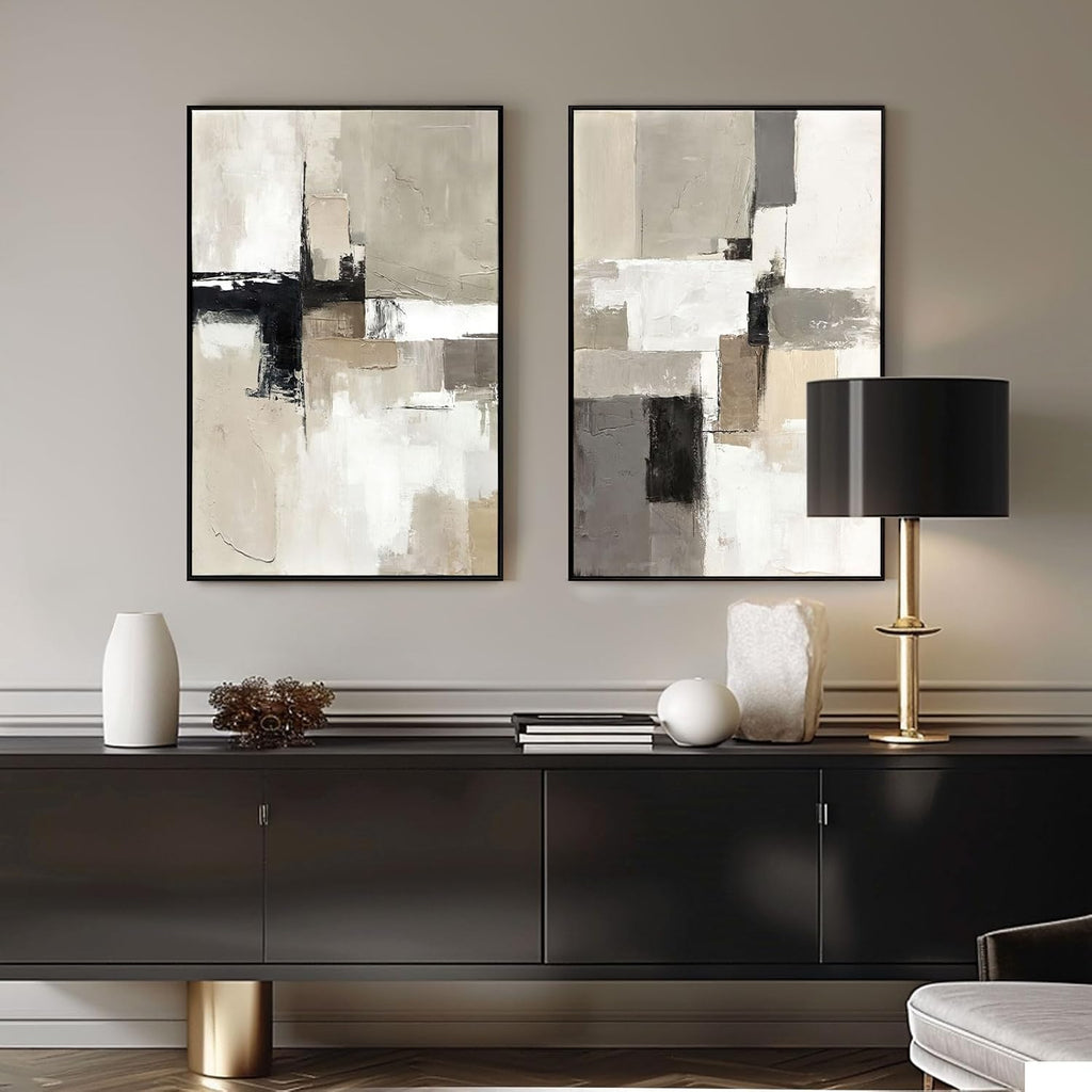 Set of 2 Modern Neutral Abstract Wall Art – Framed Beige, Gray, and Black Canvas Paintings for Living Room, Bedroom, or Office Décor – 24x36 Inches Each