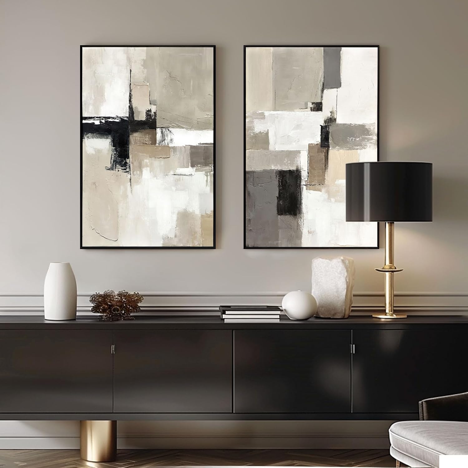 Set of 2 Modern Neutral Abstract Wall Art – Framed Beige, Gray, and Black Canvas Paintings for Living Room, Bedroom, or Office Décor – 24x36 Inches Each