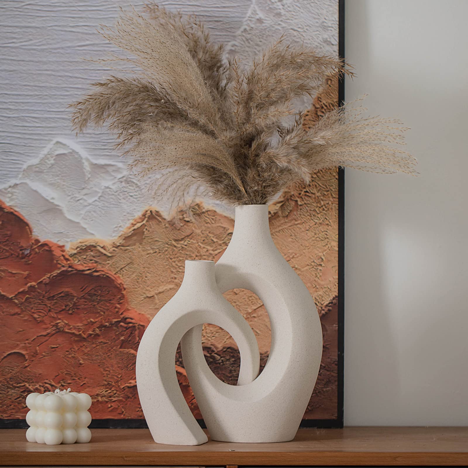 Levvohd XL Black Ceramic Vase Set of 2 for Modern Home Decor, Neutral Boho Round Donut Pampas Grass Vases, Nordic Aesthetic Vase, for Living Room Coffee Table Fire Place Book Style Shelf (H 11.1")