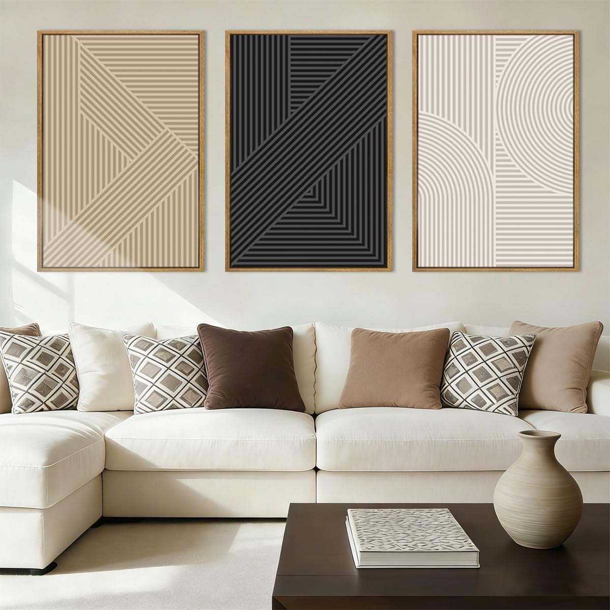Large Abstract Paintings Framed Neutral Canvas Prints Mid Century Modern Wall Art Abstract Wall Decor Neutral Wall Pictures Elegant Modern Paintings for Living Room Bedroom Bathroom Office 36x24 Inch 3 Piece