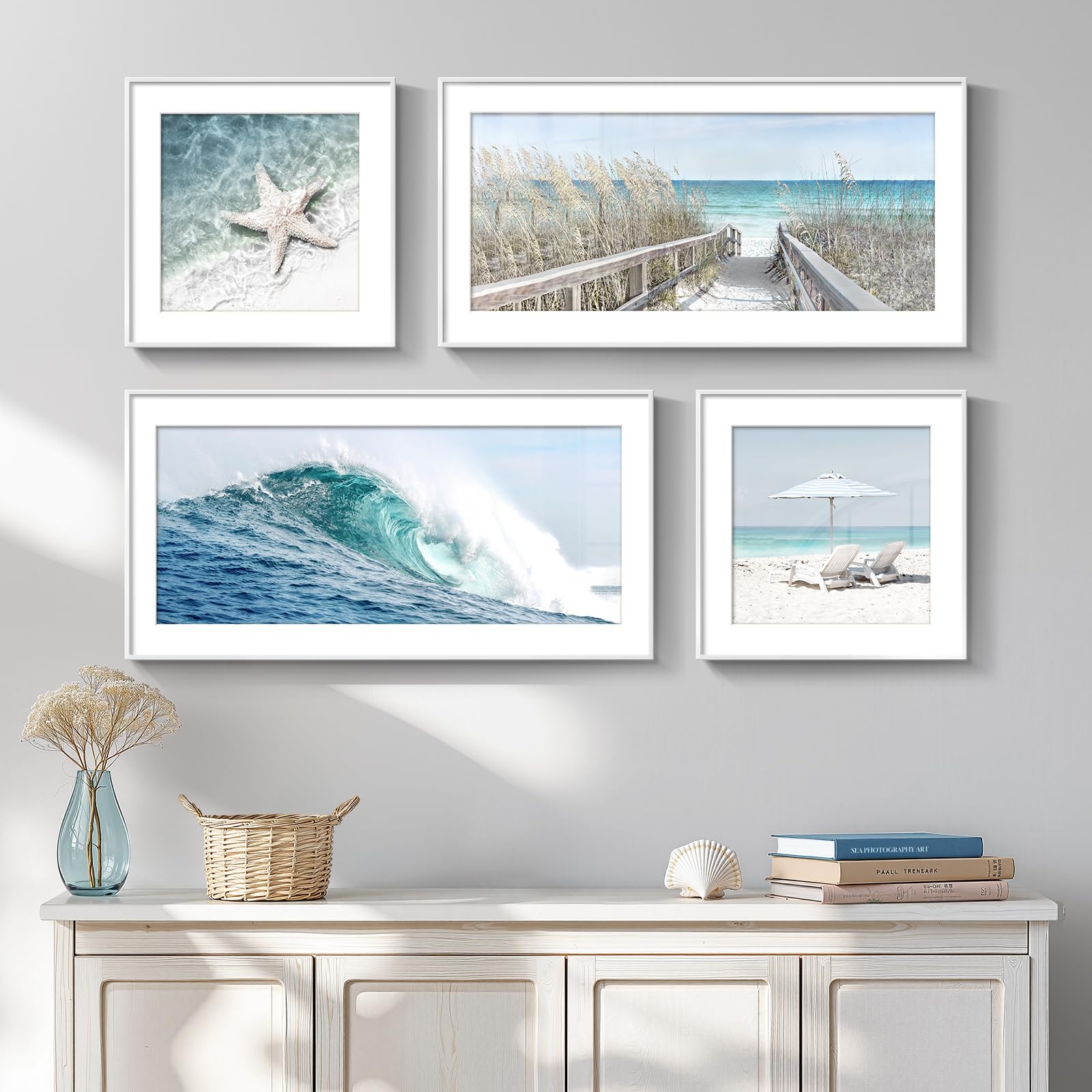 Framed Abstract Coastal Wall Art for Living Room, Large Blue Coastal Landscape Decor, 3 Piece Minimalist Beach Ocean Painting Artwork for Walls, Canvas Prints for Bedroom Hallway Wall Decor, 24x36 In
