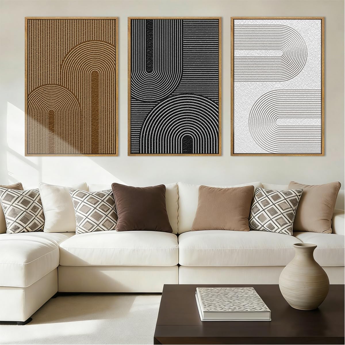 Large Abstract Paintings Framed Neutral Canvas Prints Mid Century Modern Wall Art Abstract Wall Decor Neutral Wall Pictures Elegant Modern Paintings for Living Room Bedroom Bathroom Office 36x24 Inch 3 Piece