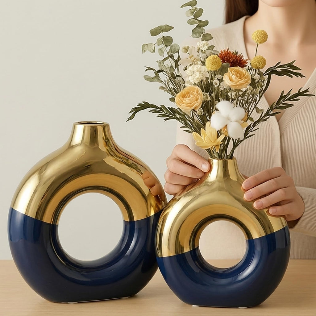 Terracotta Vase Decor Donut Vase Set of 2 - Circle Hollow Vases, Modern Matte Ceramic Vases for Entryway Living Room Bedroom Dining Table Centerpiece Office Home Decor