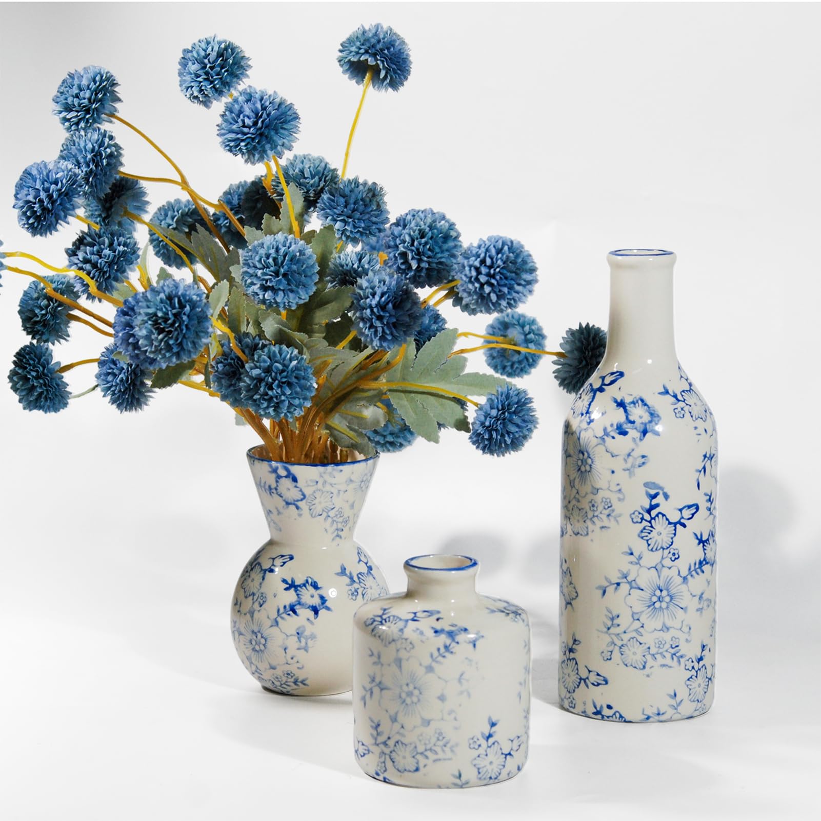 Fake Flowers in Vase for Centerpieces, Faux Flowers in Modern Ceramic Vase Set of 3 with 8 Artificial Autumn Chrysanthemums Artificial Decorative Swags