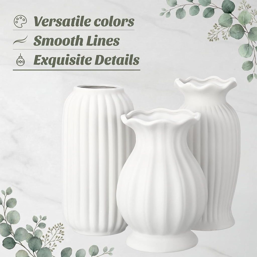 3 Pcs Vase Modern Fluted Ribbed Textured Boho Decorative Vase for Flowers Living Room Home Cabinet Table Centerpieces Wedding Kitchen Office(Milk White Vertical)