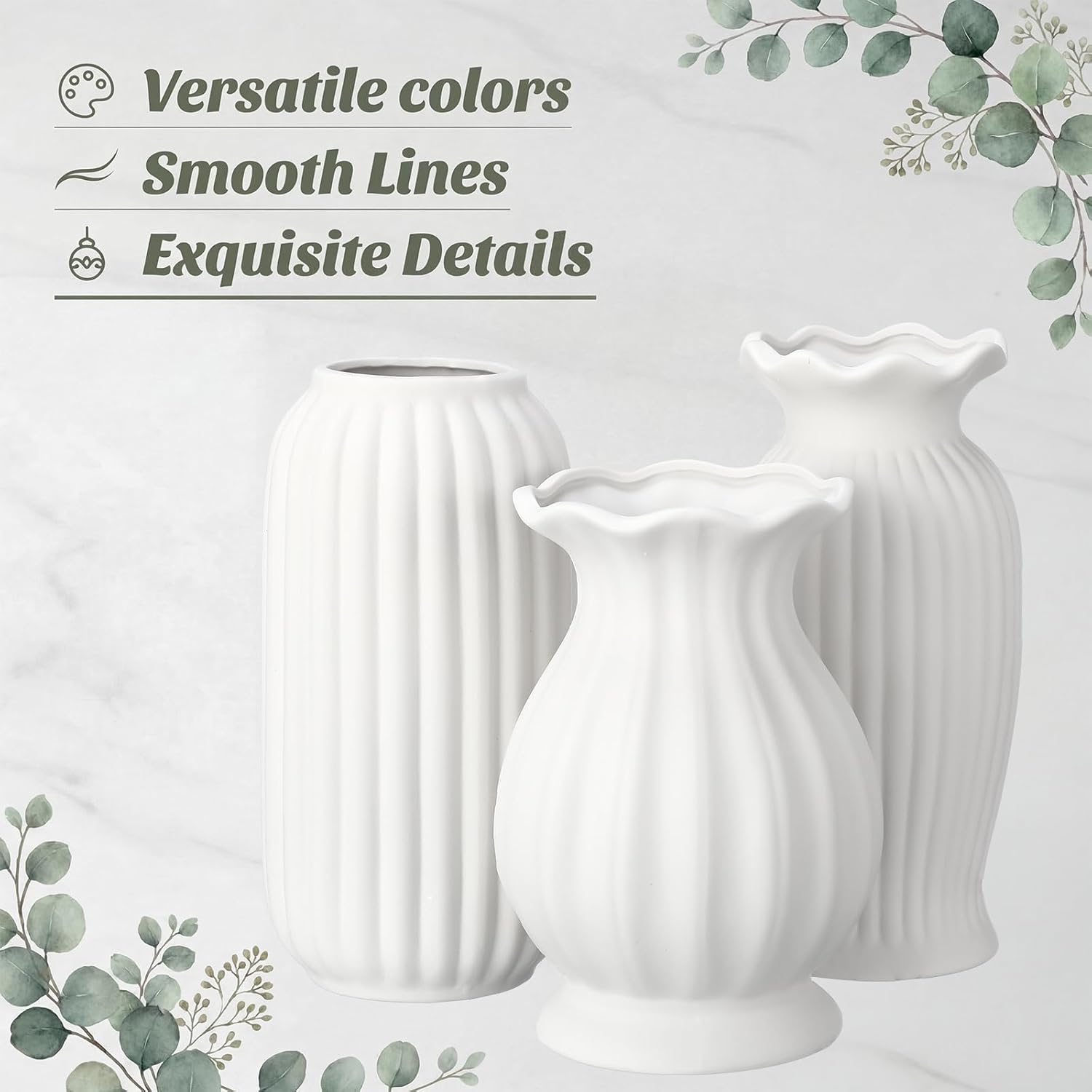 3 Pcs Vase Modern Fluted Ribbed Textured Boho Decorative Vase for Flowers Living Room Home Cabinet Table Centerpieces Wedding Kitchen Office(Milk White Vertical)