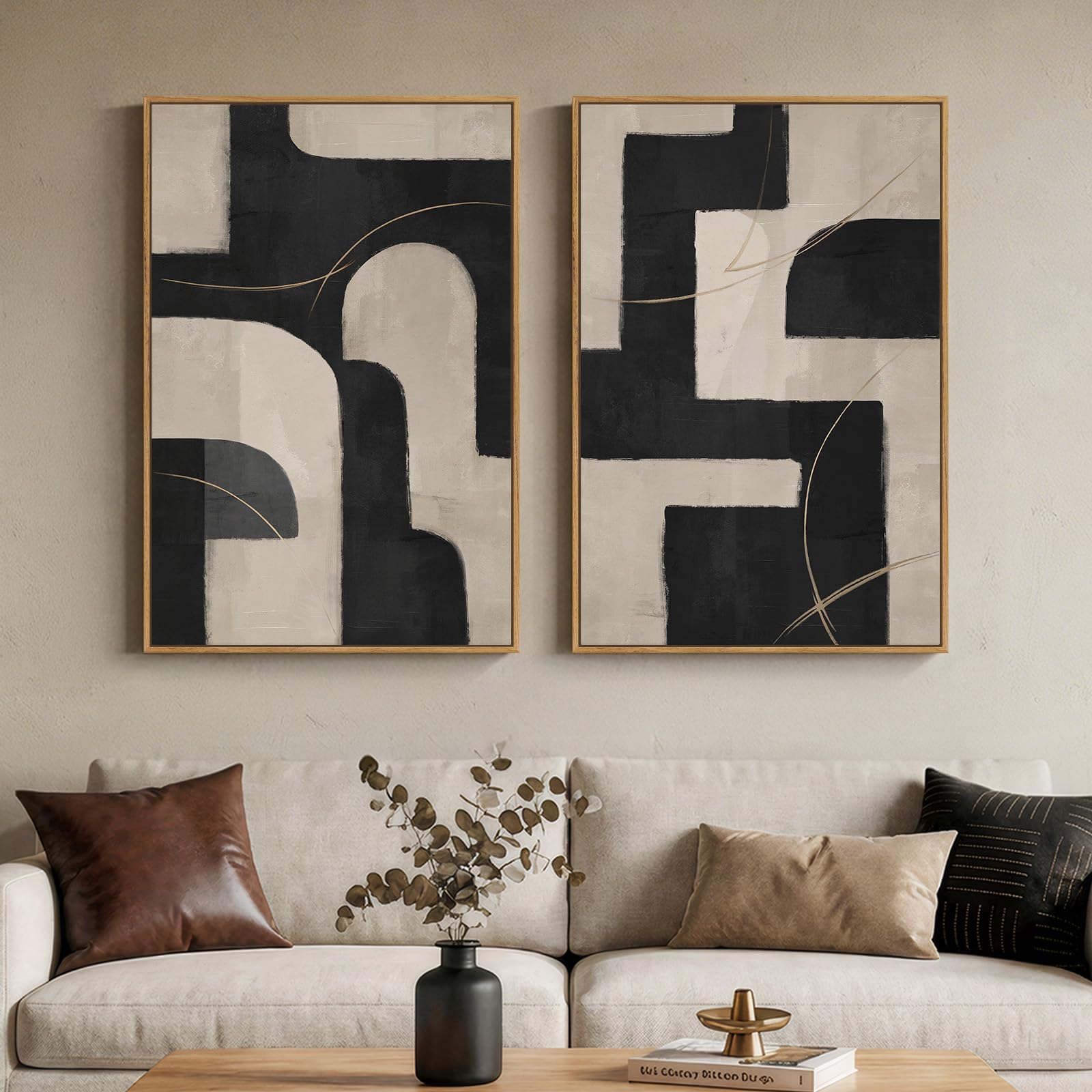 Large Framed Neutral Abstract Wall Art, 2 Piece Modern Canvas Prints Paintings, Beige Gold Abstract Pictures for Living Room Hallway Dining Room Bedroom Office Wall Decor 24x36 In