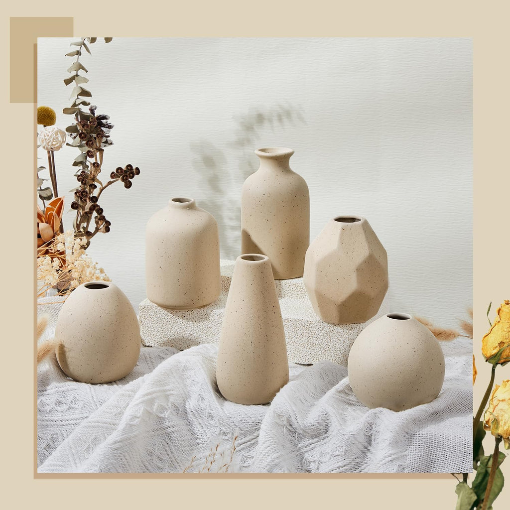 6 Pcs Mini Beige Ceramic Vase Set, Modern Boho Bud Vases for Dried Flowers Plants, Small Decorative Pottery Vases for Home Decor, Wedding, Bookshelf, Coffee Table Centerpiece