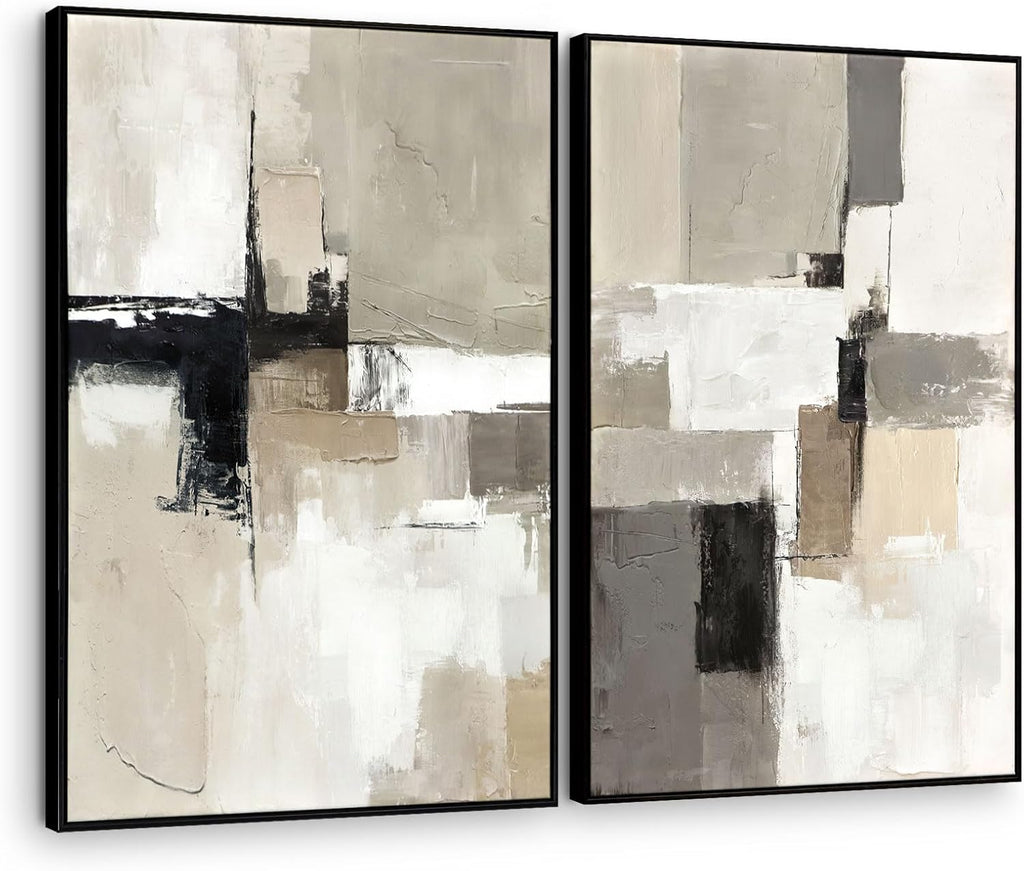 Set of 2 Modern Neutral Abstract Wall Art – Framed Beige, Gray, and Black Canvas Paintings for Living Room, Bedroom, or Office Décor – 24x36 Inches Each