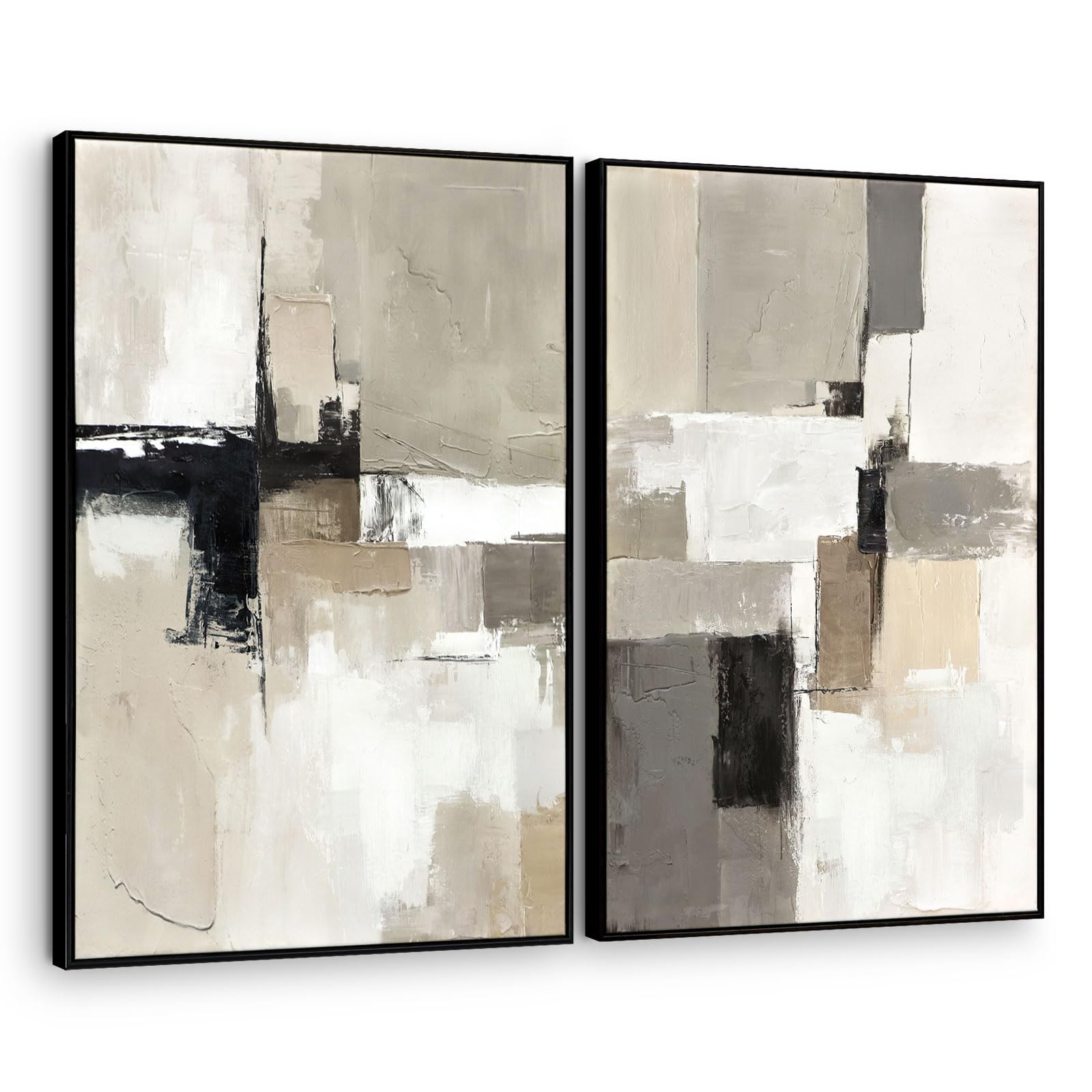 Set of 2 Modern Neutral Abstract Wall Art – Framed Beige, Gray, and Black Canvas Paintings for Living Room, Bedroom, or Office Décor – 24x36 Inches Each
