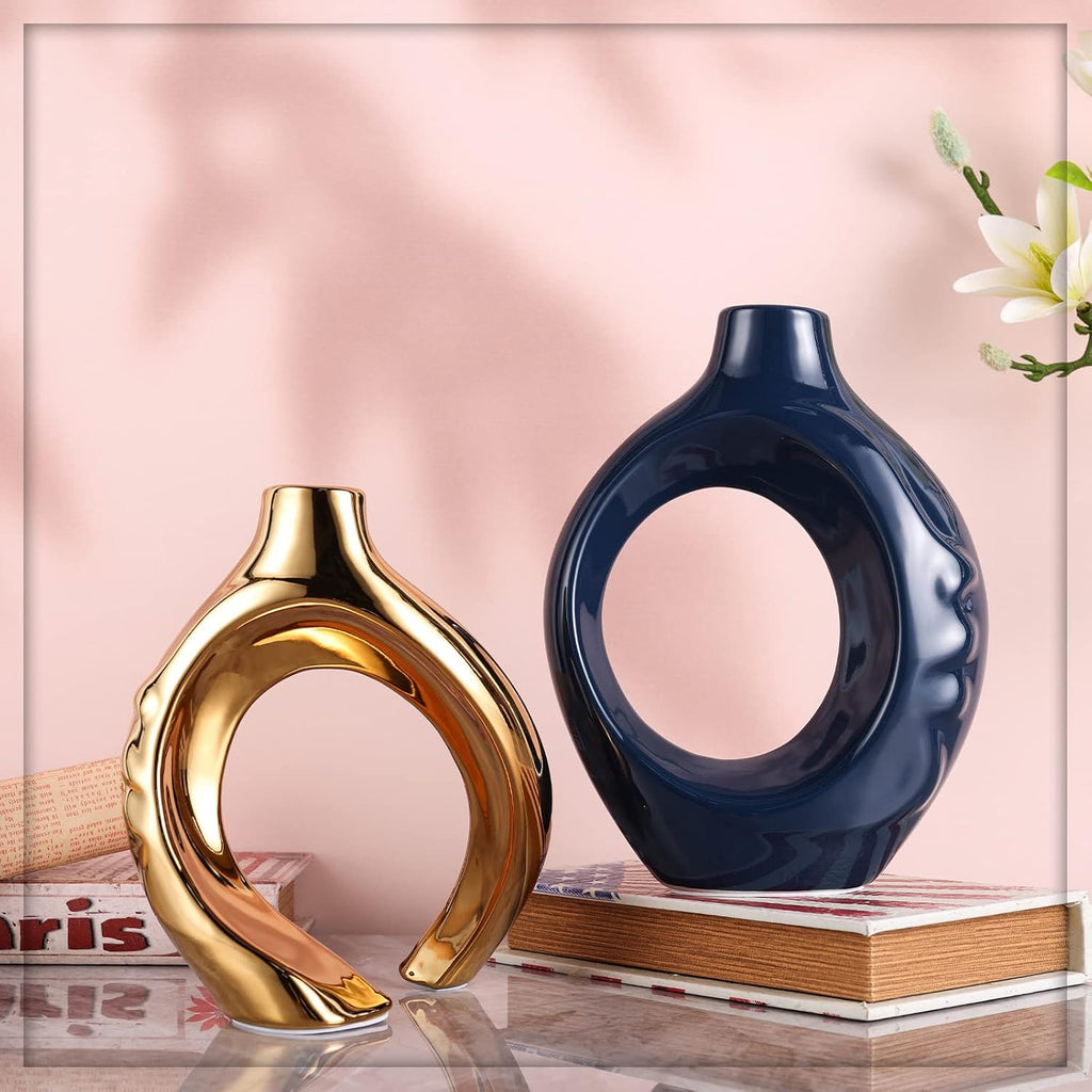 Navy Blue Home Decor Ceramic Vase, Navy Blue Gold Round Vase with Holes Set of 2, Suitable for Wedding Entrance Decoration, Bookshelf, Mantel, Unique Home Decor (Blue Gold)
