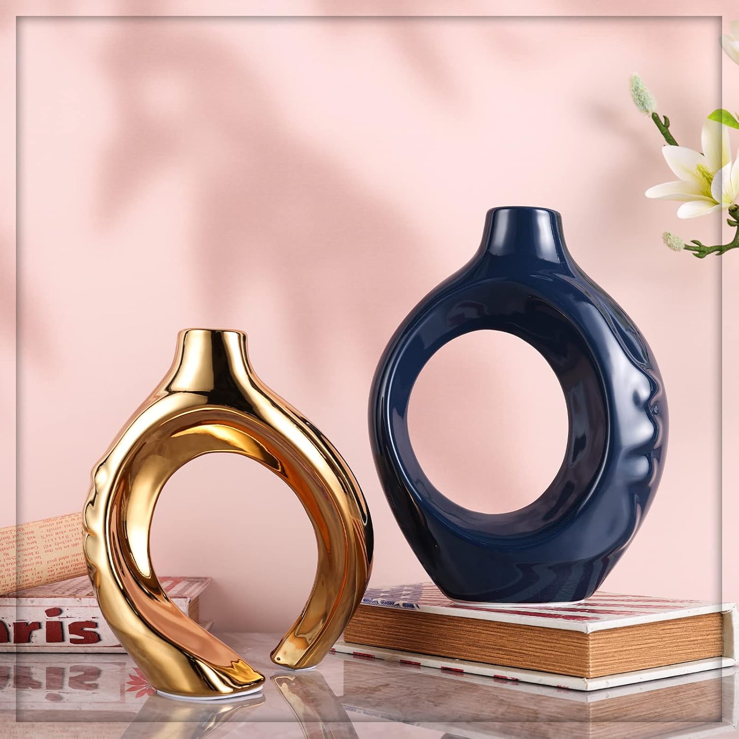 Navy Blue Home Decor Ceramic Vase, Navy Blue Gold Round Vase with Holes Set of 2, Suitable for Wedding Entrance Decoration, Bookshelf, Mantel, Unique Home Decor (Blue Gold)