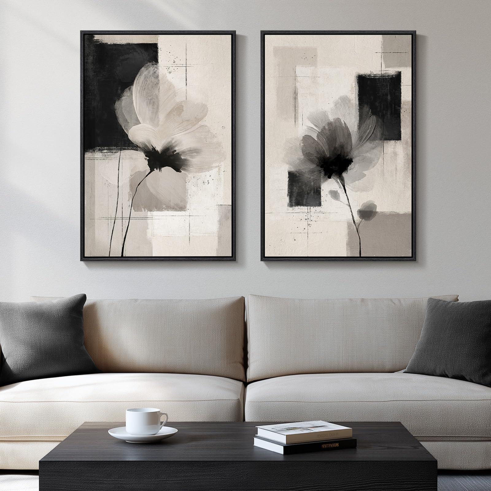 Large Framed Neutral Abstract Wall Art, 2 Piece Modern Canvas Prints Paintings, Beige Gold Abstract Pictures for Living Room Hallway Dining Room Bedroom Office Wall Decor 24x36 In