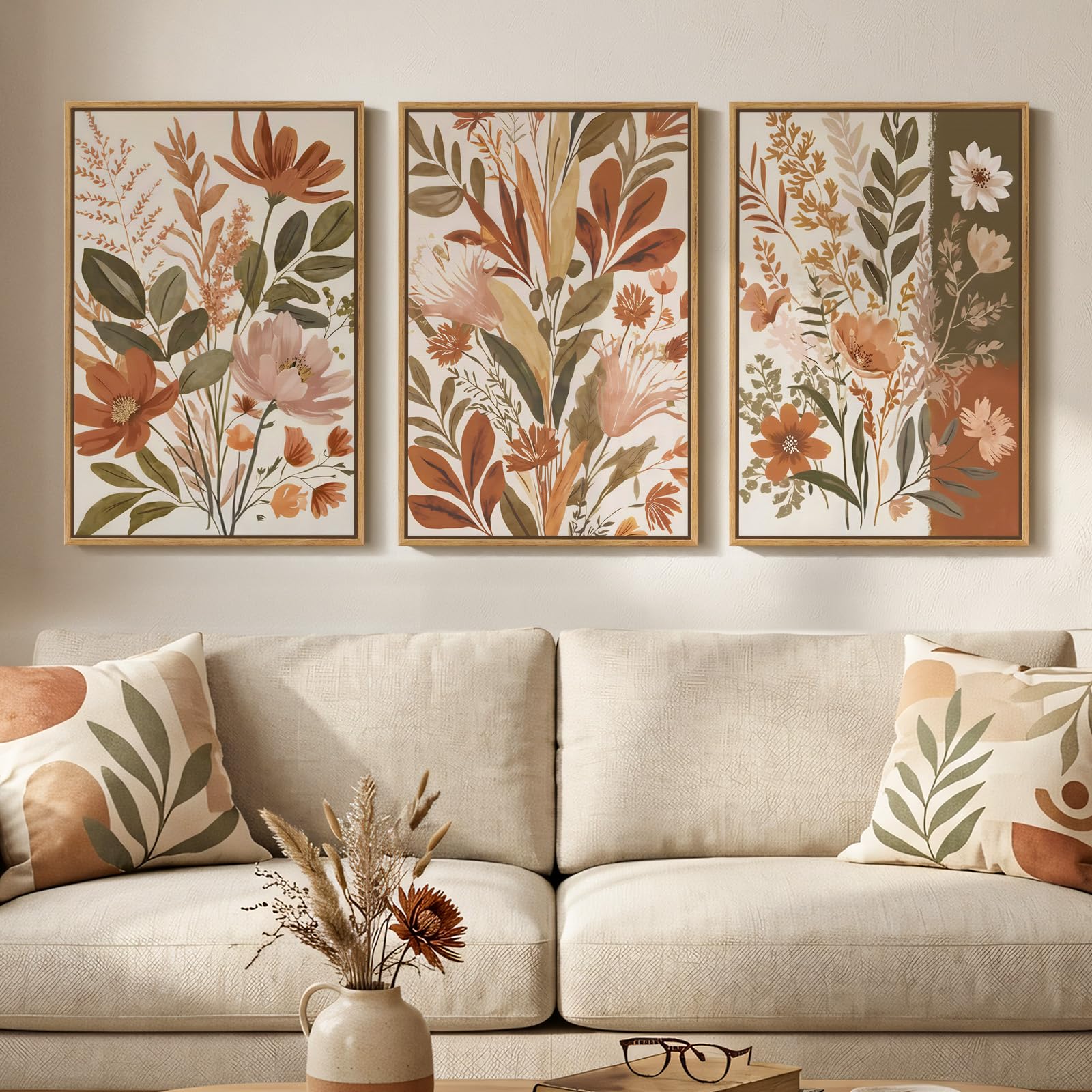 Framed Abstract Sage Green 3 Piece Wall Art for Living Room, Modern Neutral Waves Botanical Canvas Artwork for Walls, Minimalist Wabi Sabi Rustic Nature Print Wall Decor for Bedroom Office, 16x24 Inch