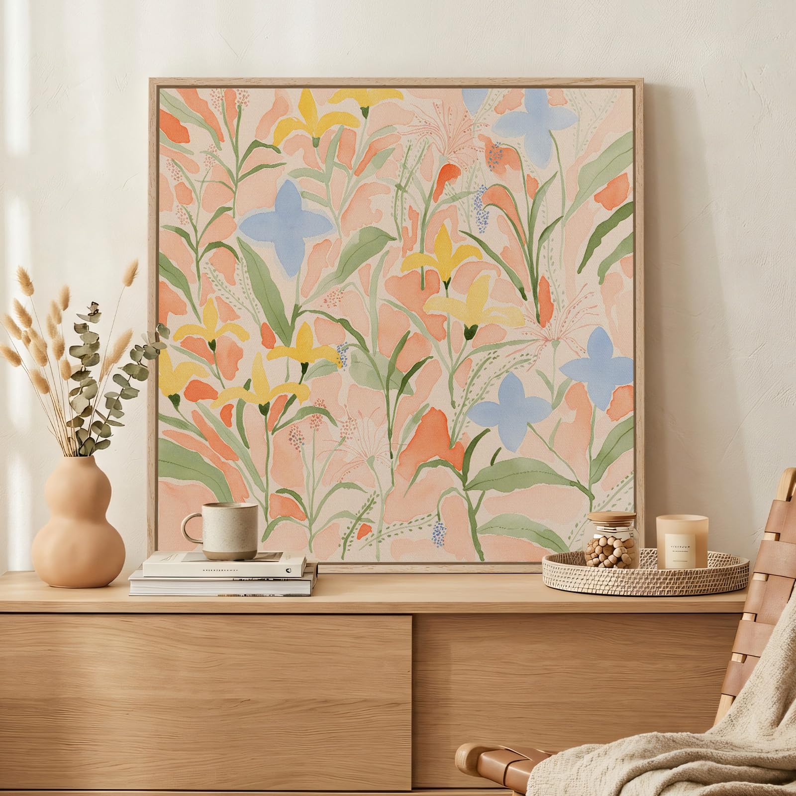 Framed Neutral Abstract Landscape Wall Art for Living Room, Square Mid Century Modern Canvas Paintings Prints Artwork for Walls, Minimalist Scenic Pictures Wall Decor for Bedroom Home Office, 24x24 In