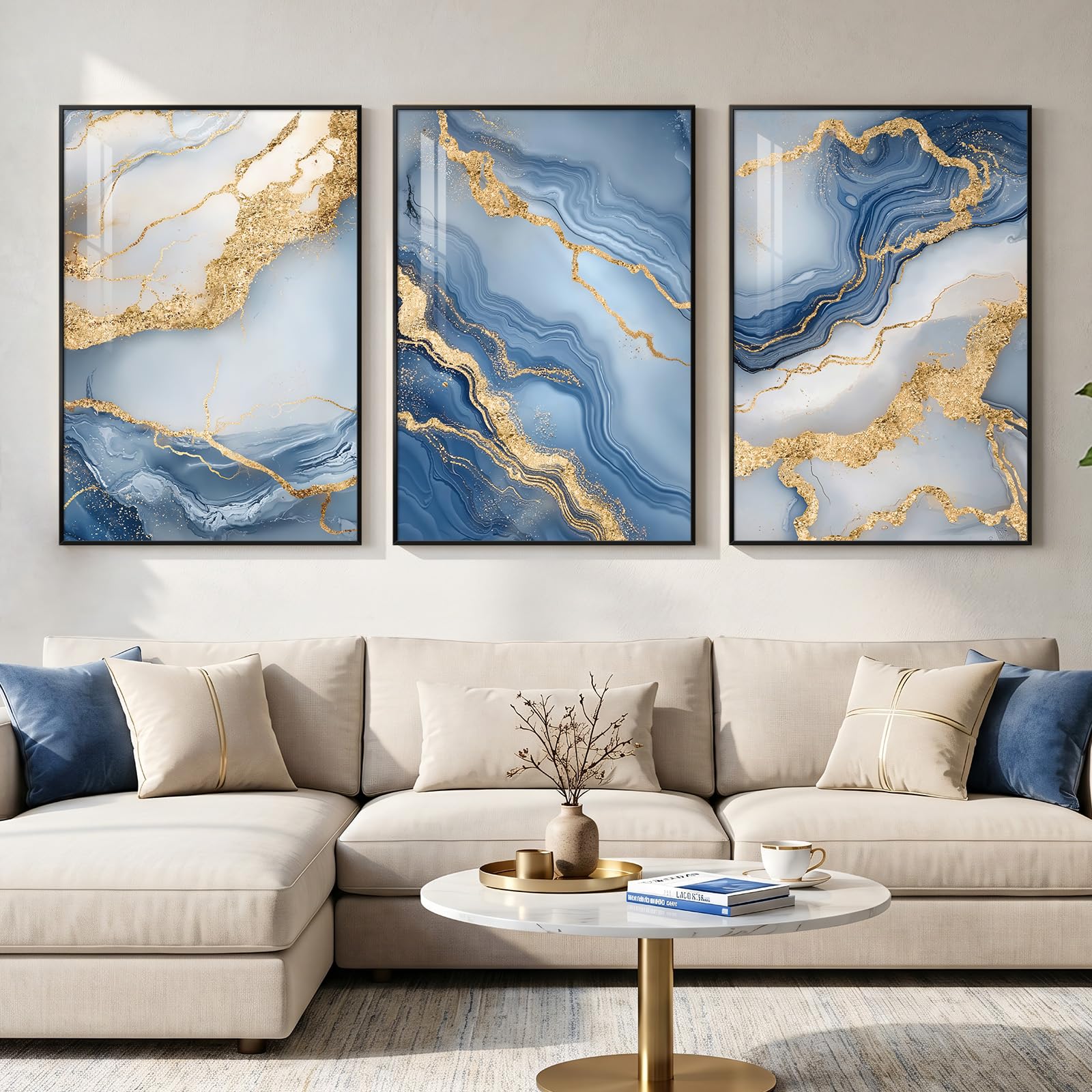 Large Framed Blue and Neutral Abstract Wall Art for Living Room, 3 Piece Modern Canvas Prints Paintings Artwork for Walls, Minimalist Pictures for Bedroom Dining Room Hallway Wall Decor 24x36 Inch