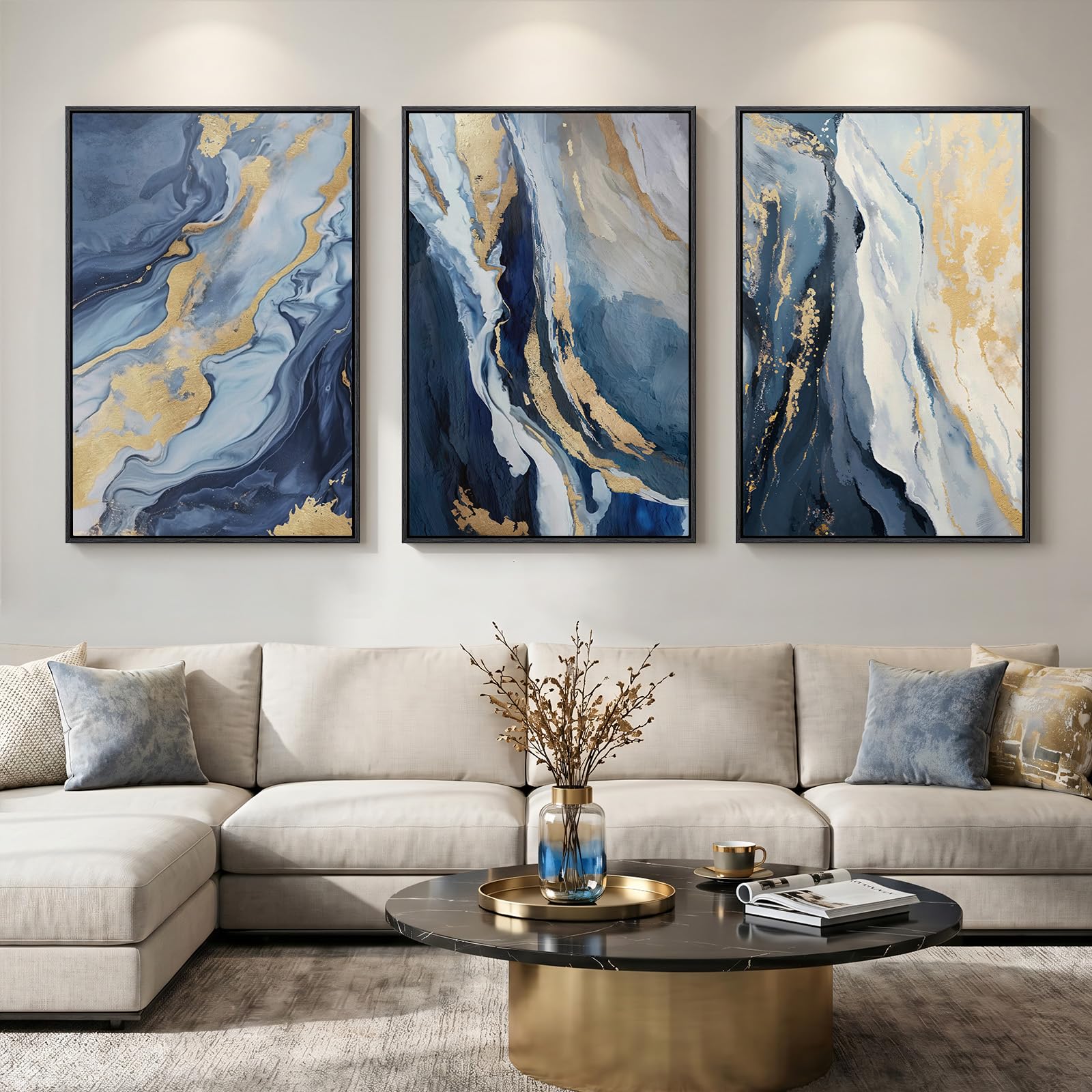 Large Framed Blue and Neutral Abstract Wall Art for Living Room, 3 Piece Modern Canvas Prints Paintings Artwork for Walls, Minimalist Pictures for Bedroom Dining Room Hallway Wall Decor 24x36 Inch