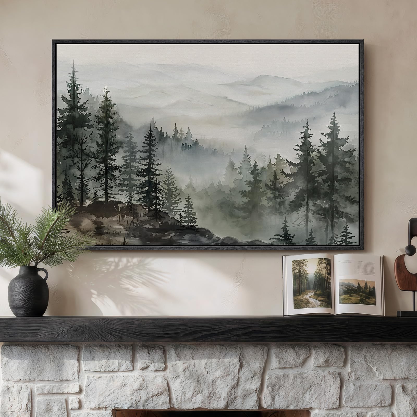Framed Blue Abstract Forest Wall Art, Horizontal Watercolor Canvas Artwork for Walls, Modern Picture Print Wall Decor, Abstract Landscape Artwork for Living Room Bedroom Office Dining Room, 24x36 Inch