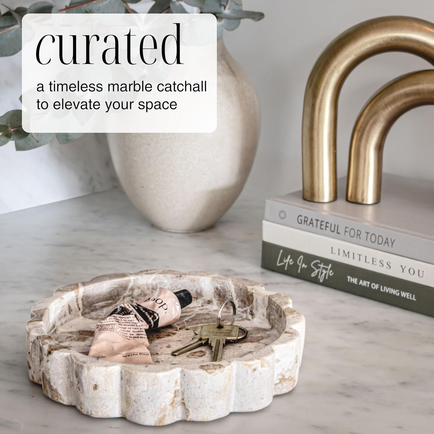 Beige Scalloped Marble Tray - 8 Inch Round Stone Vanity Tray for Perfume & Jewelry, Marble Dish for Bathroom Countertop & Kitchen Counter, Brown Decorative Tray for Bathroom & Kitchen, Modern Catchall