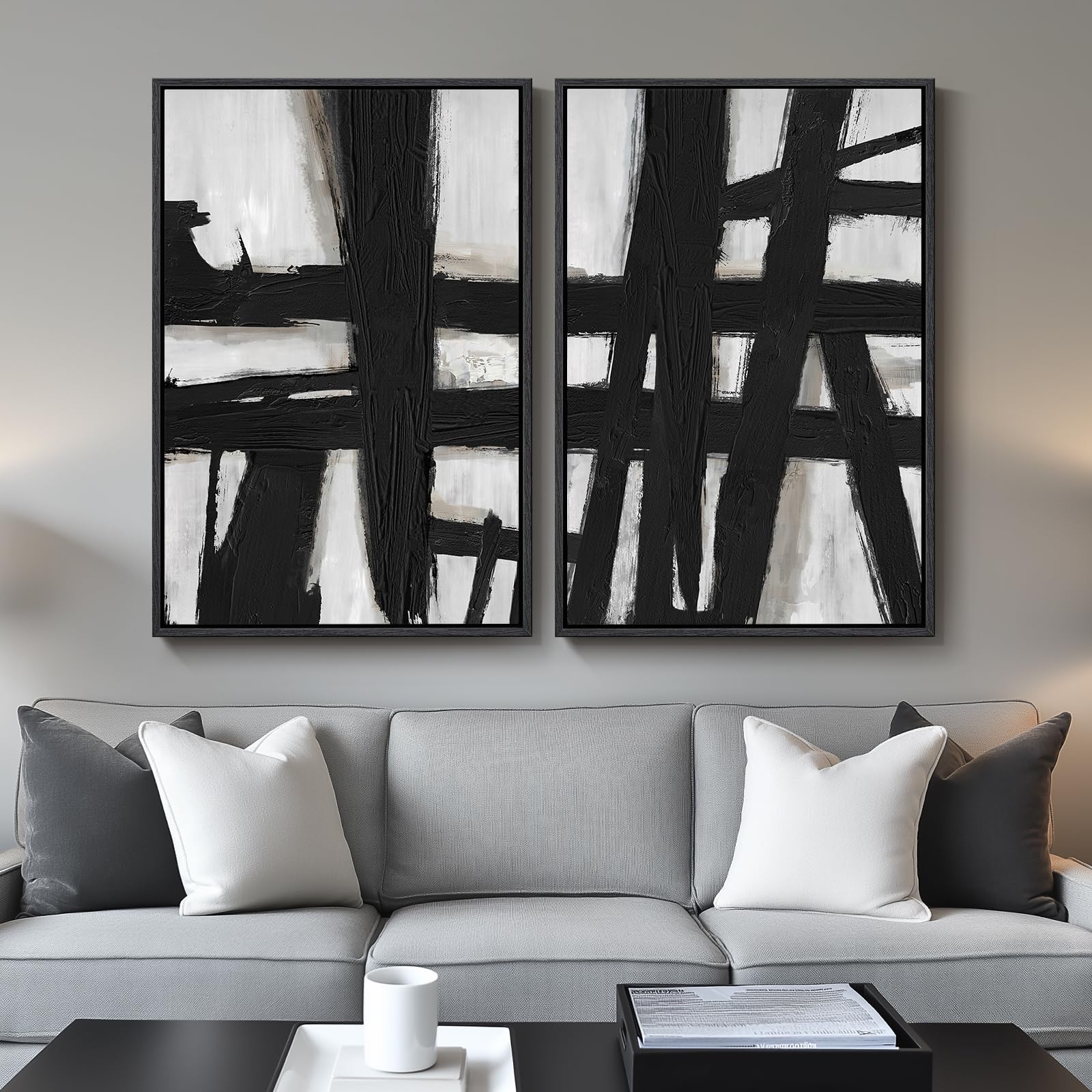 Large Framed Neutral Abstract Wall Art, 2 Piece Modern Canvas Prints Paintings, Beige Gold Abstract Pictures for Living Room Hallway Dining Room Bedroom Office Wall Decor 24x36 In