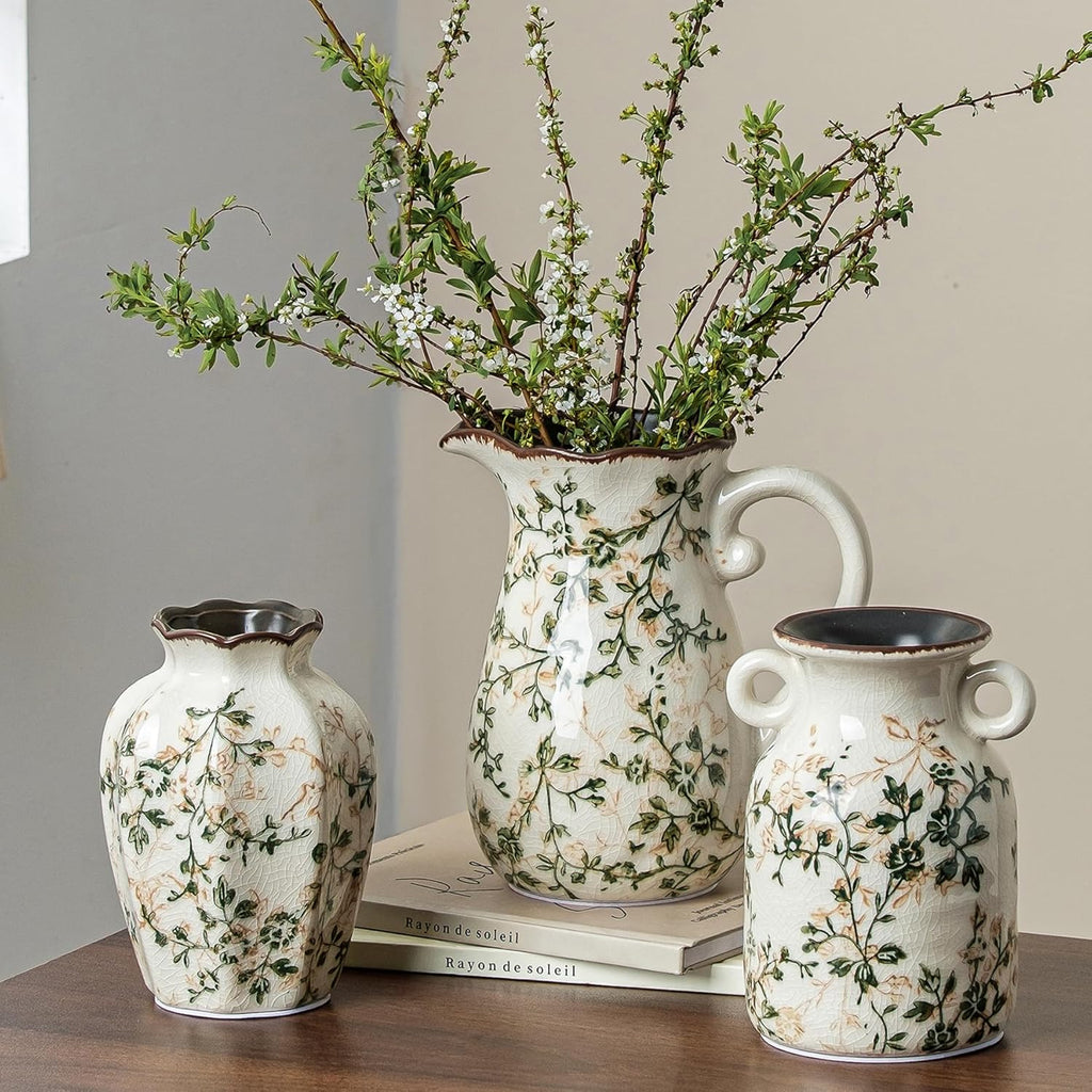 Ceramic Flower Vases Set of 3 | Green Rustic Farmhouse Vase Set for Home Decor, Vintage Floral Decorative Vase for Living Room & Kitchen, Mantel & Bookshelf, Centerpieces, Entryway(5.7+5.9+7.1Inch)
