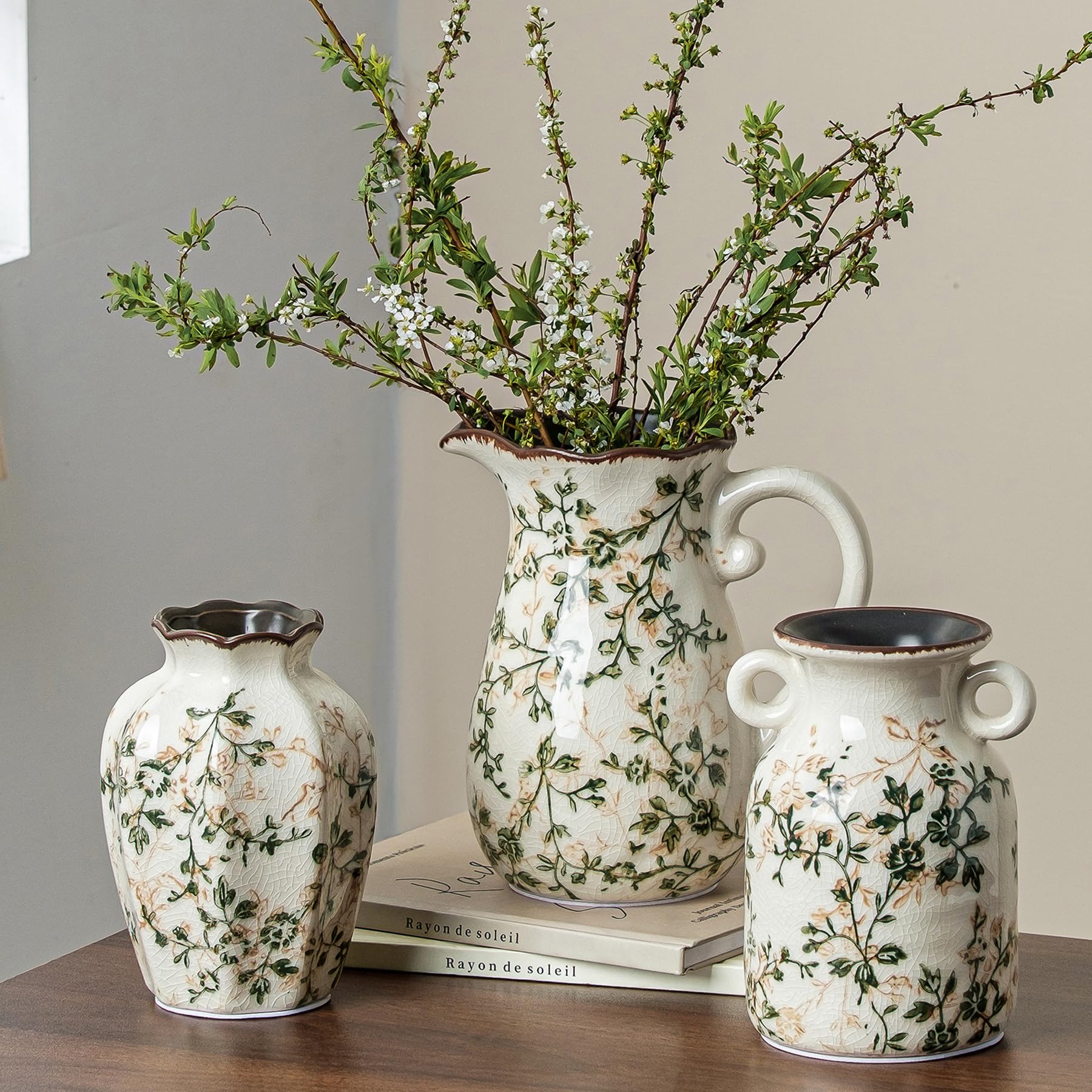 Ceramic Flower Vases Set of 3 | Green Rustic Farmhouse Vase Set for Home Decor, Vintage Floral Decorative Vase for Living Room & Kitchen, Mantel & Bookshelf, Centerpieces, Entryway(5.9+7.9+9.9Inch)