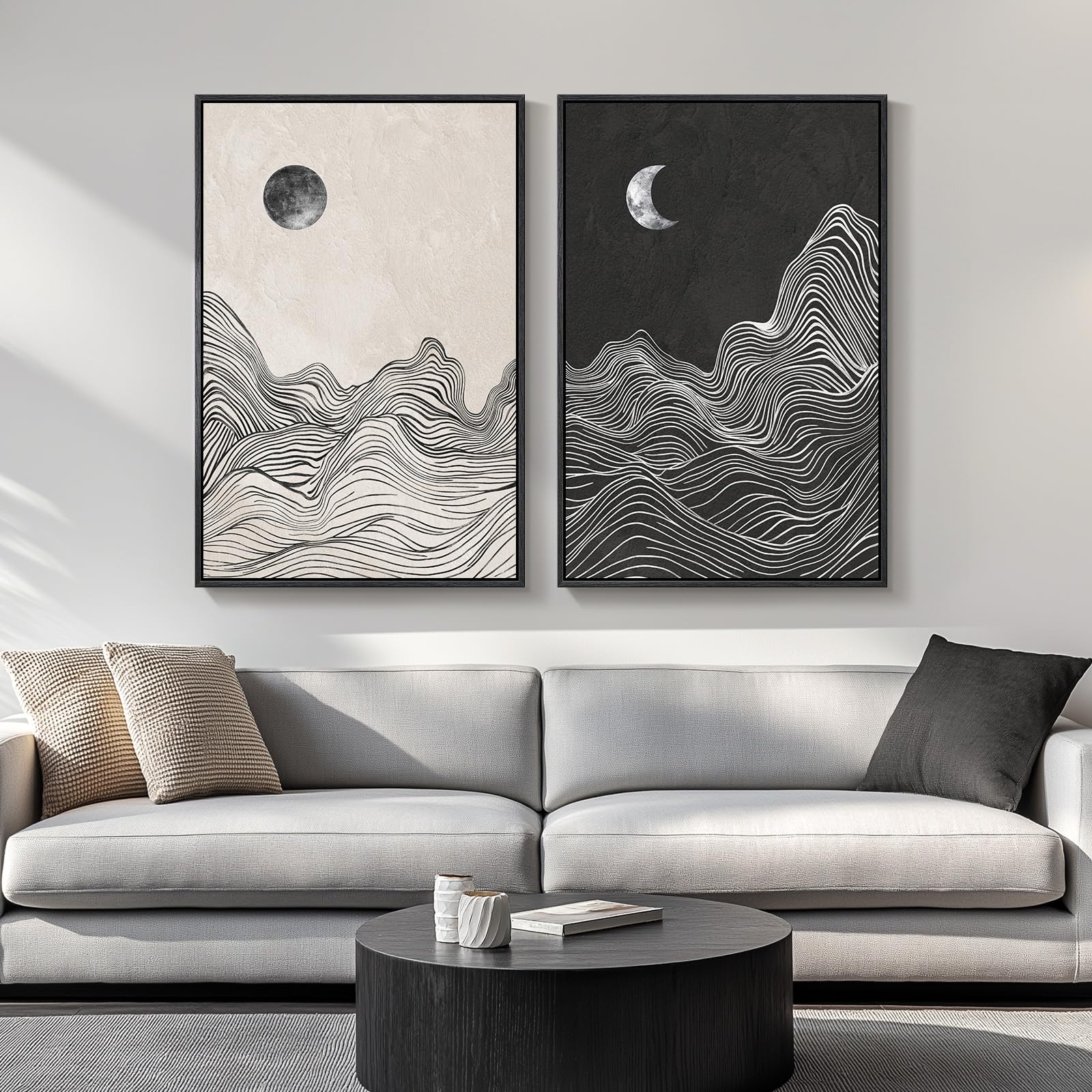 24x36 Inch 2-Piece Framed Black Beige Abstract Canvas Prints, Minimalist Black White Wall Art Decor for Living Room, Dining, Hallway & Bedroom