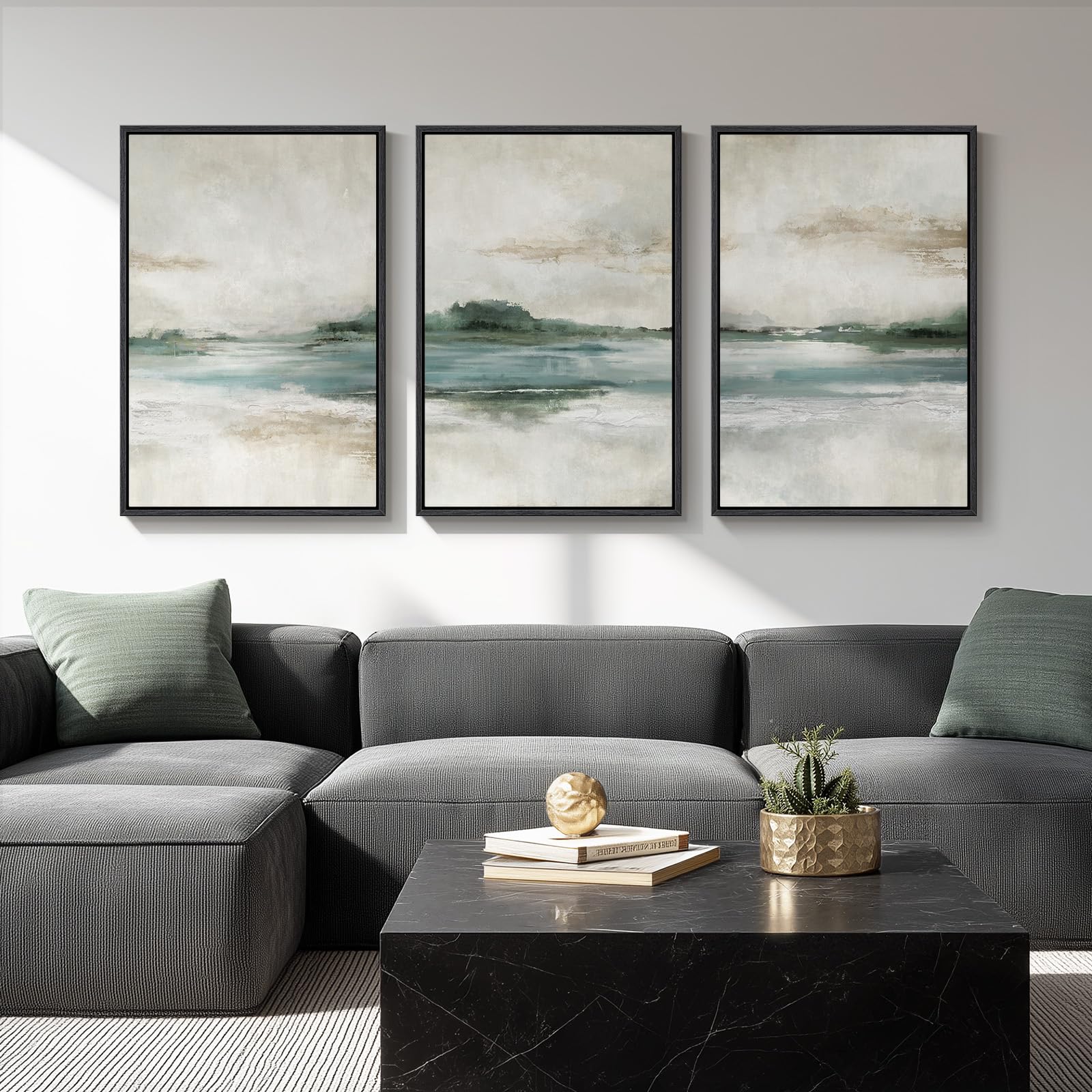 Large Framed Blue and Neutral Abstract Wall Art for Living Room, 3 Piece Modern Canvas Prints Paintings Artwork for Walls, Minimalist Pictures for Bedroom Dining Room Hallway Wall Decor 24x36 Inch