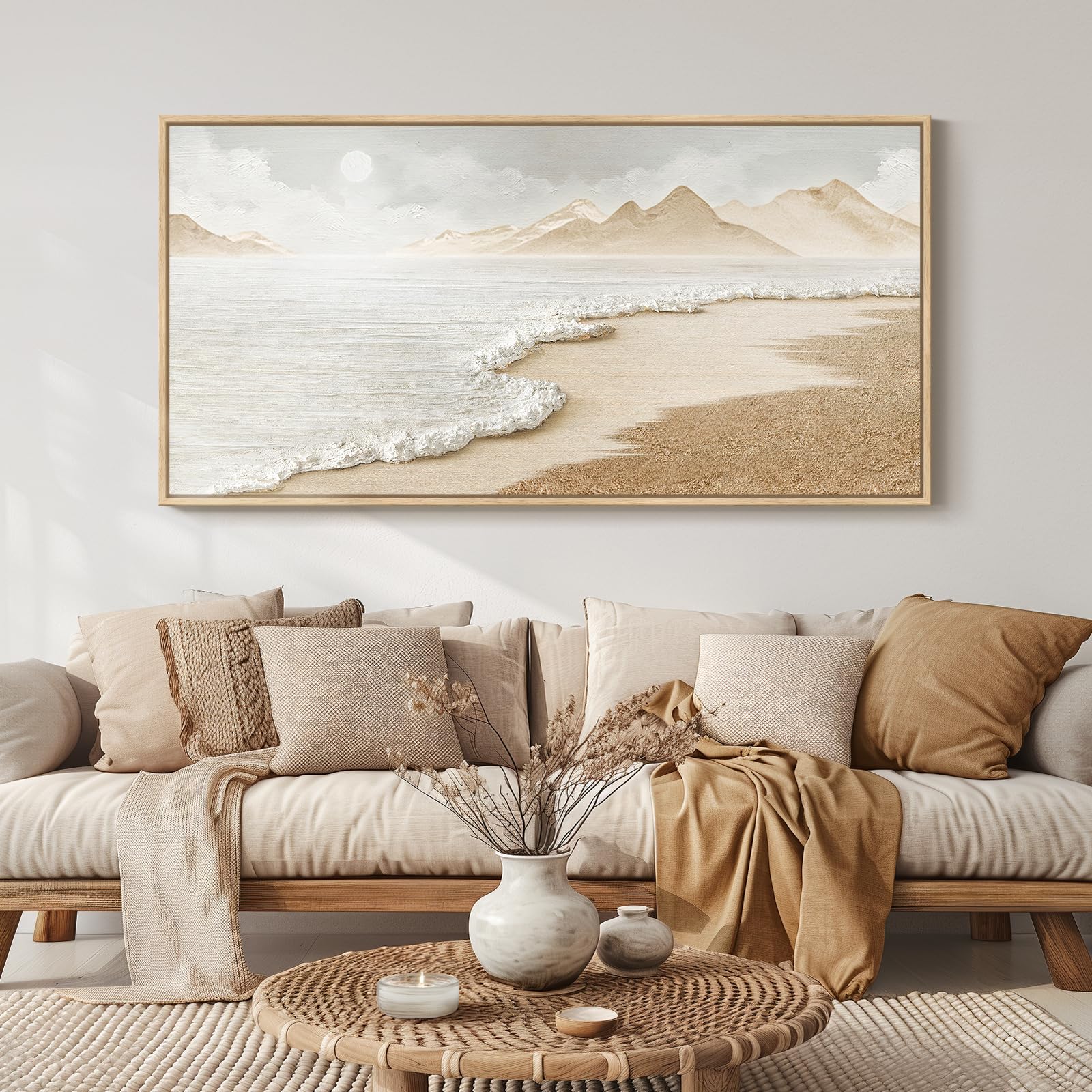 Framed Abstract Coastal Wall Art for Living Room, Large Blue Coastal Landscape Decor, 3 Piece Minimalist Beach Ocean Painting Artwork for Walls, Canvas Prints for Bedroom Hallway Wall Decor, 24x36 In