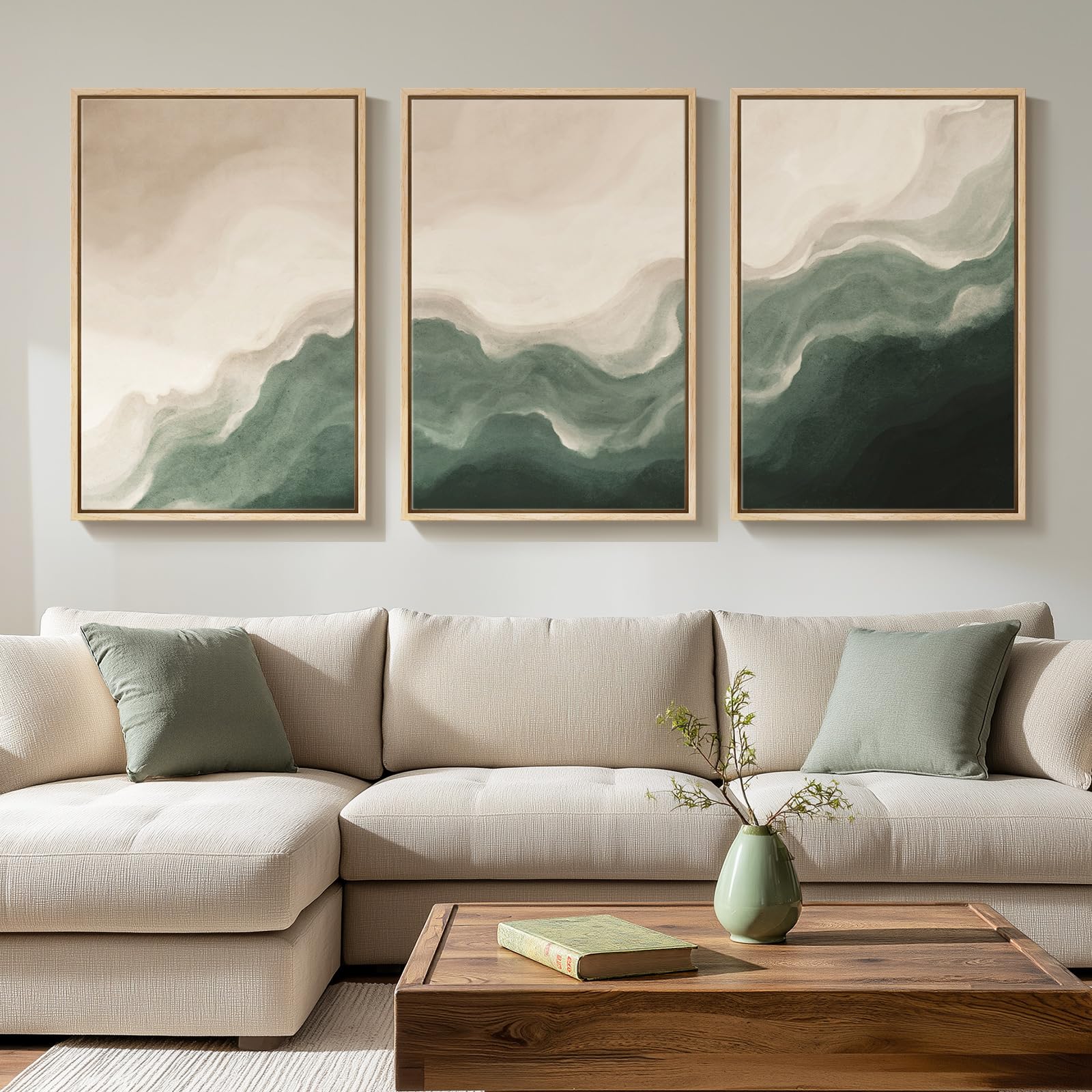Large Framed Blue and Neutral Abstract Wall Art for Living Room, 3 Piece Modern Canvas Prints Paintings Artwork for Walls, Minimalist Pictures for Bedroom Dining Room Hallway Wall Decor 24x36 Inch